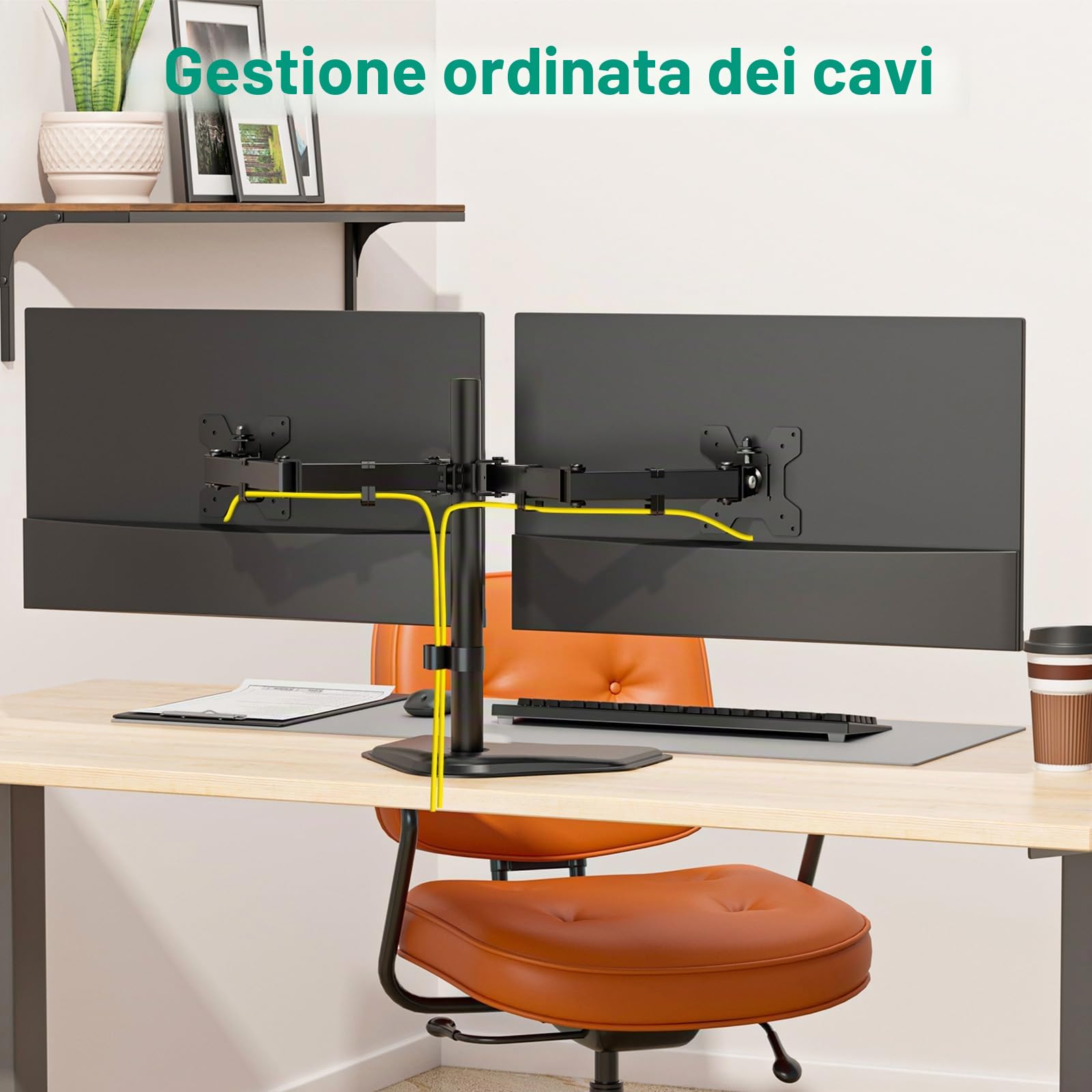 WALI, Doppio supporto da scrivania completamente regolabile per 2 monitor LCD fino a 27", 10 kg di capacità di carico per braccio, con base con occhiello (MF002), nero