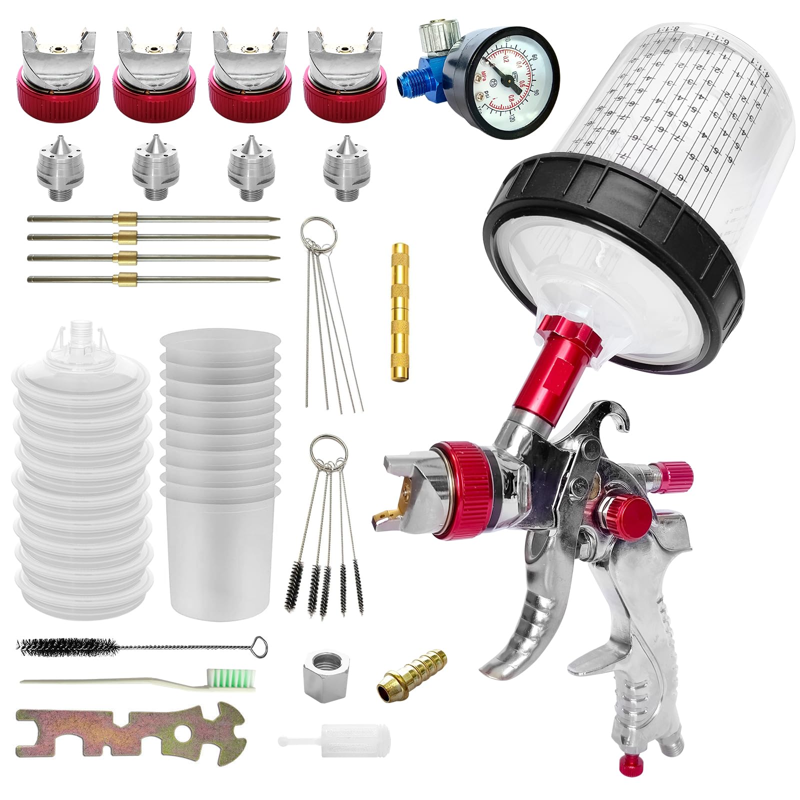 HVLP Paint Sprayer Kit with 10pcs 600ML Mixing Quick Cup,Paint Spray Gun Set with 4 Nozzles 1.4/1.7/2/2.5mm &Pressure Gauge，Needle Scraper,Automotive Gravity Feed Spray Paint Gun Kit