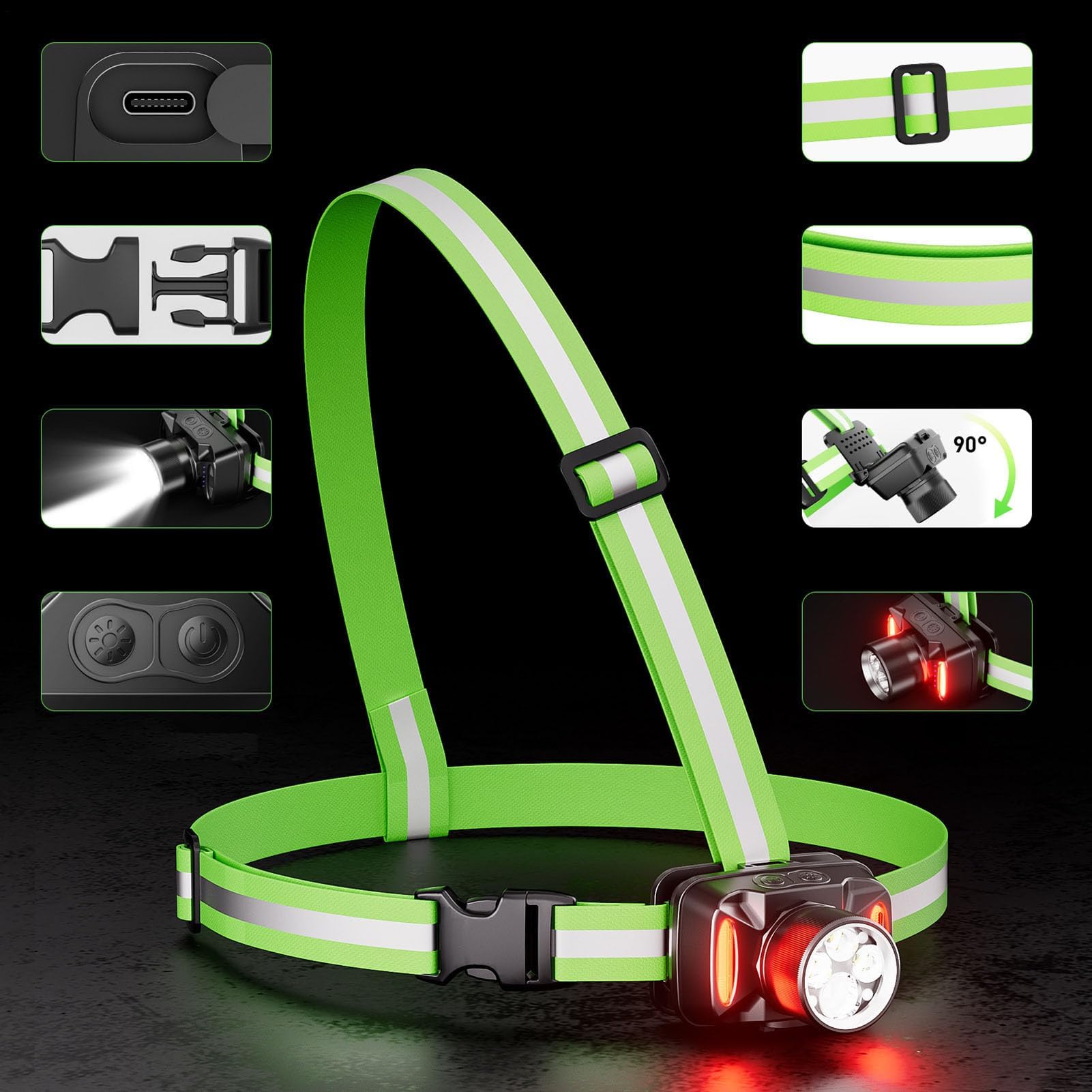 Luz LED para el pecho, 1000 lúmenes, recargable, haz ajustable de 90 grados, manos libres, para correr, caminar, senderismo, ciclismo, camping, trabajo nocturno
