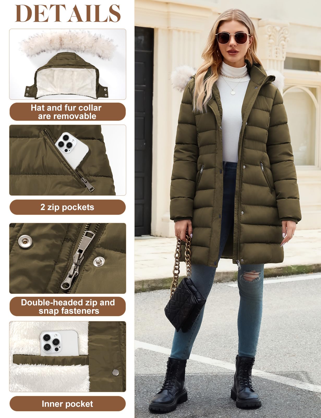 Yuson Girl Manteau Femme Hiver Veste Chaud Long Puffer Parka à Capuche Polaire Epaisse Chic Blouson Matelassé Coupe-vent Doudoune Extérieur longue Décontracté Manteaux avec Zippé