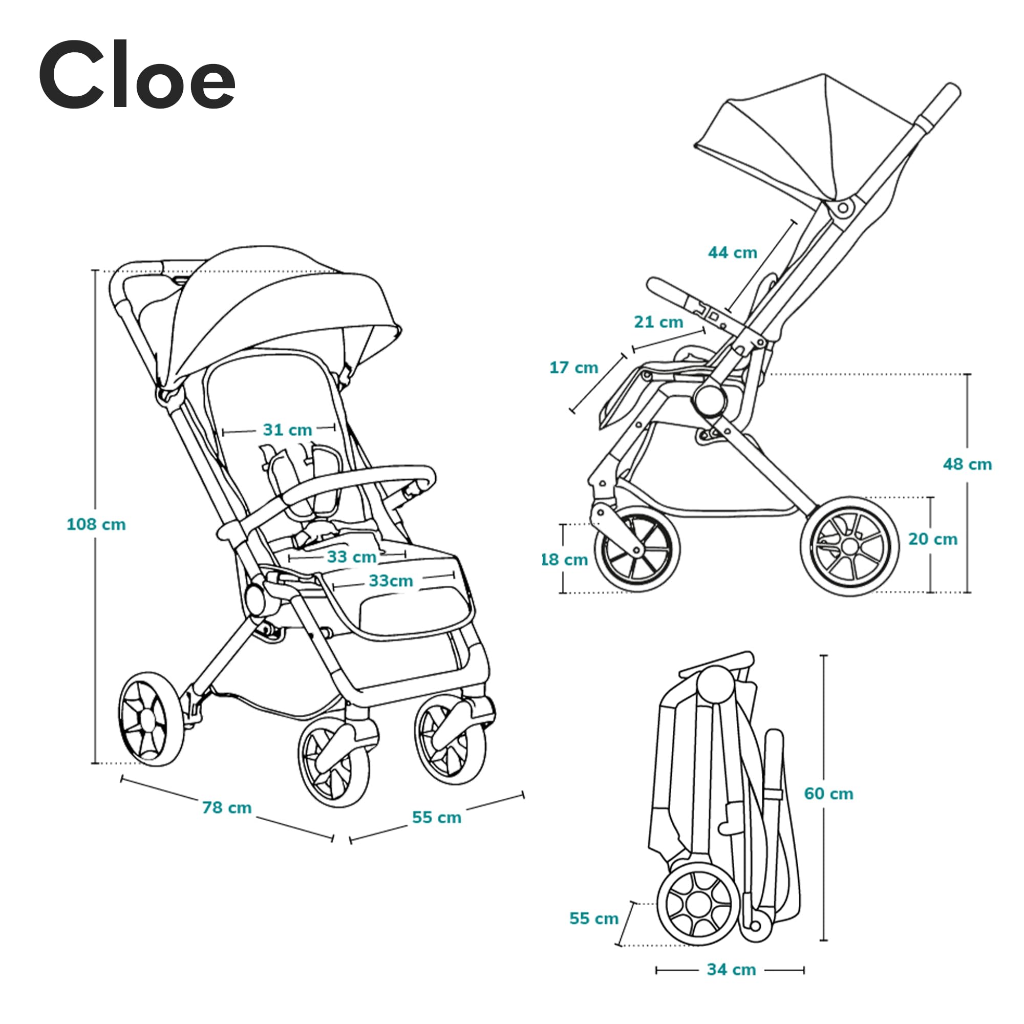 LIONELO Cloe Zusammenklappbarer Kinderwagen bis zu 22 kg, Verstellbare Rückenlehne Schlaffunktion, 5-Punkt-Gurt Große Schwenkräder Moskitonetz Becherhalter Leichtgewicht Kompakt Wasserdicht (Braun)
