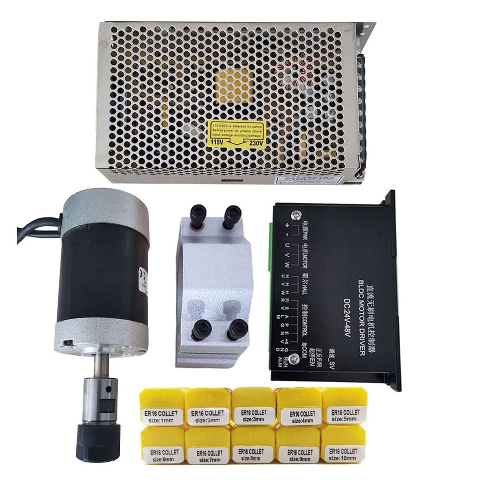 Mooilko Package8 200W/0.2Kw /Er16 Brushless Dc Spindle Motor+55Mm Clamp With Screws+20-50Vdc Stepper Motor Driver+48Vdc 4.2A Power Supply Smooth Running(Package8)