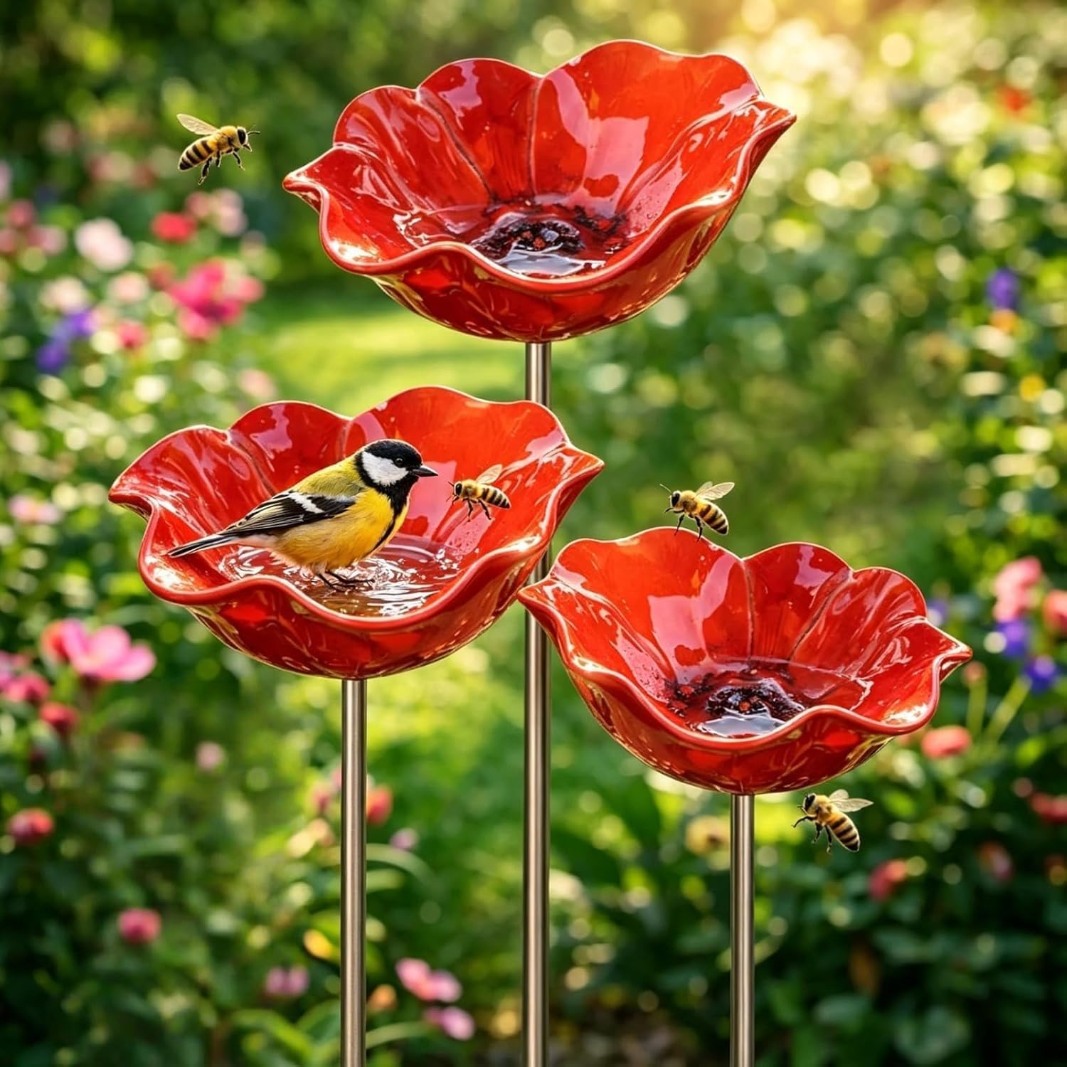 3 Stück Vogeltränke Blume als Gartenstecker,Bienenblüten Keramik Tränke,Insektentränke Gartendeko,Blumenstecker für Rasen,Beete und Vögel（Keramik）