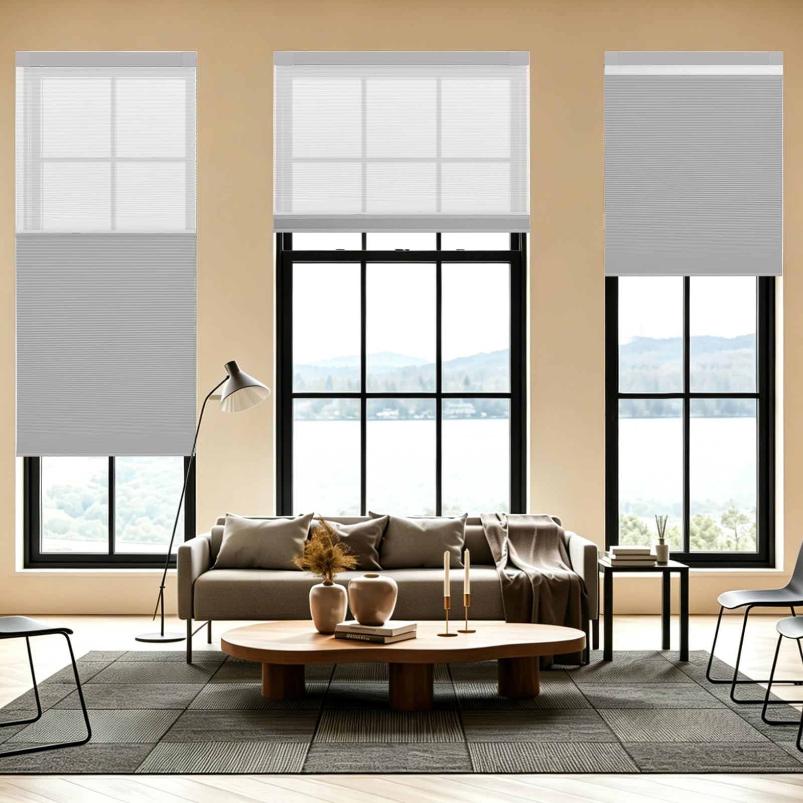 2-in-1-Wabenjalousien für Tag und Nacht, schnurlos, doppelte Wabenjalousien, verdunkelnde und lichtdurchlässige Plissee-Akkordeonjalousien für Innenfenster(Hellgrau,96cm W x 180cm H)