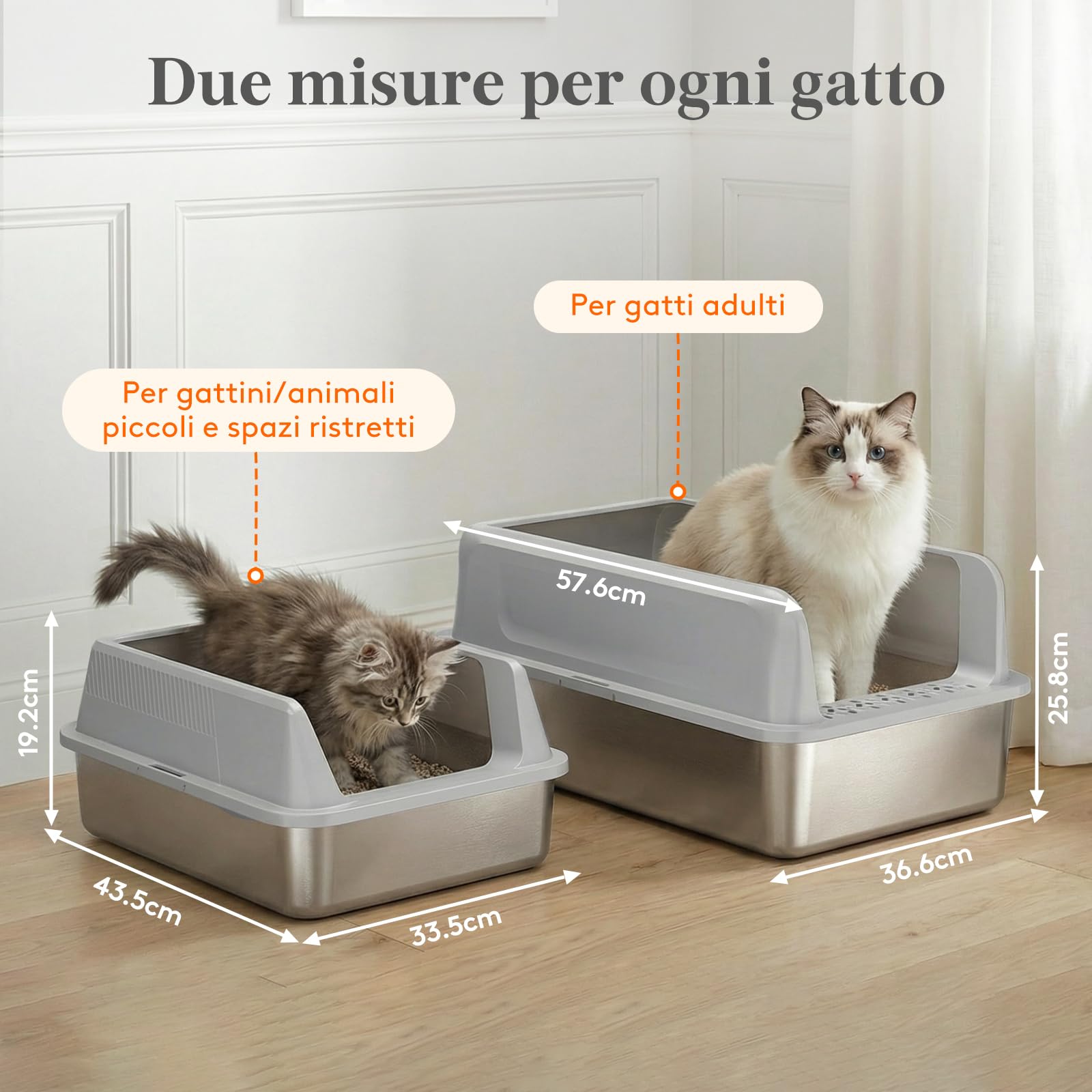 Lifewit Lettiera Gatto in Acciaio Inox, XXL Aperta Toilette per Gatti con Pala, Lettiera Gatto per Soggiorno, Camera da Letto, 58 x 38 x 26 cm, Grigio
