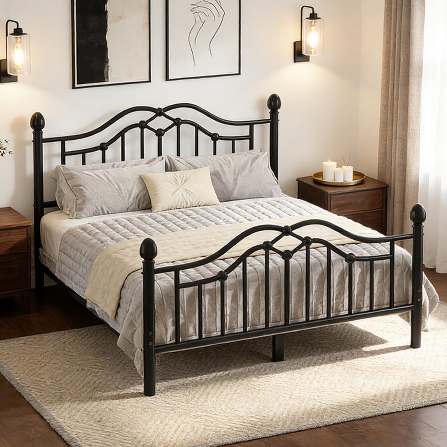 Queen Size Metal Platform Bed Frame with Victorian Style Headboard and Footboard/Under Bed Storage/Easy Assemble/No Box Spring Needed/Noise Free/Black