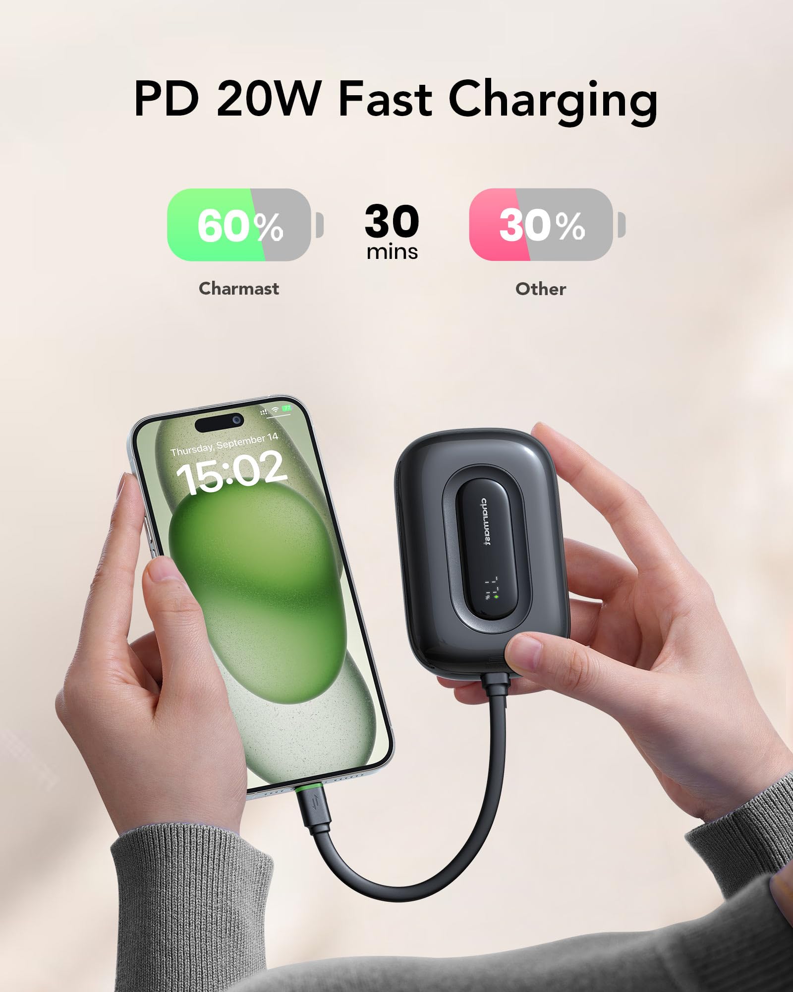 Charmast Mini Power Bank 10000mAh con Cavi Integrati (Rimovibile) 20W Caricatore Portatile Ricarica Rapida USB C Ultra Compatto Powerbank Compatibile con iPhone 15/14/13/12 Huawei (Nero)