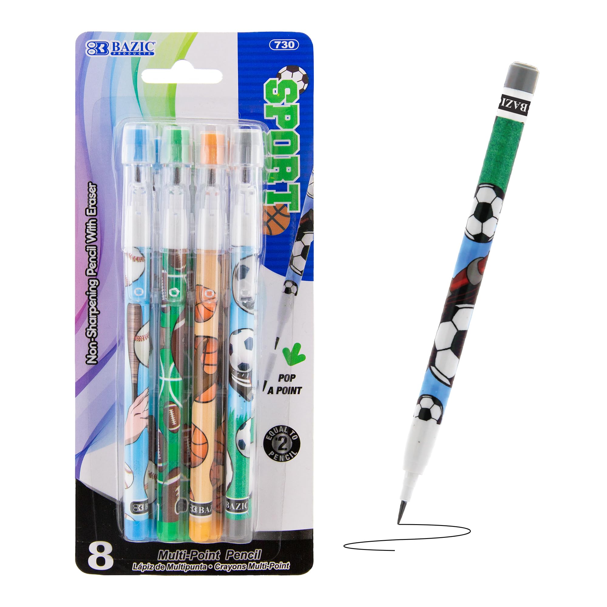 BAZIC Products Multi Point Pencil Sport w/Latex Free Eraser, Non-Sharpening Multipoint Pencils Smooth Write for Drafting Drawing Sketching (8/Pack), 1
