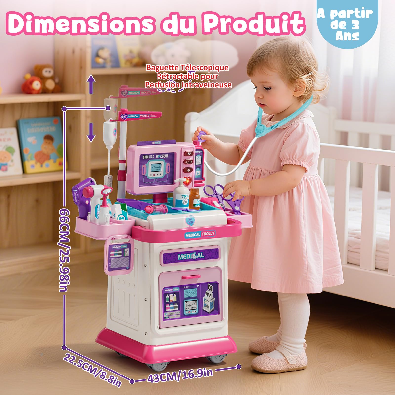 Lehoo Castle Malette Docteur Enfant, Jouet Docteur avec Chariot, Kit de Médecin pour Filles et Garçons 3+ Ans Rose