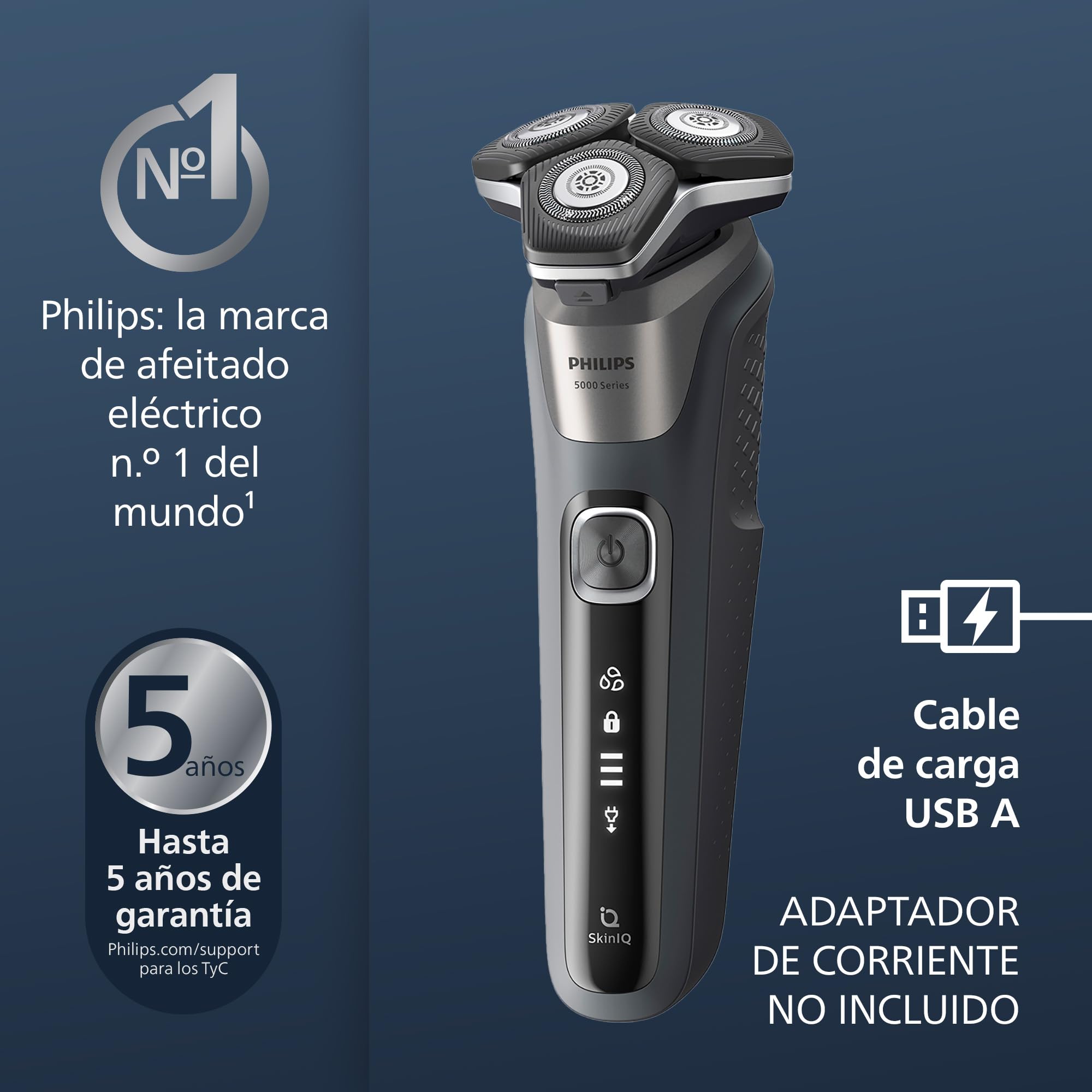 Philips Serie 5000 Afeitadora Eléctrica Hombre, Máquina de Afeitar Barba con Recortadora, 45 cuchillas, Cuida la piel, 60min de uso, En Seco y Húmedo, Recargable, Base Carga, S5887/13, Gris