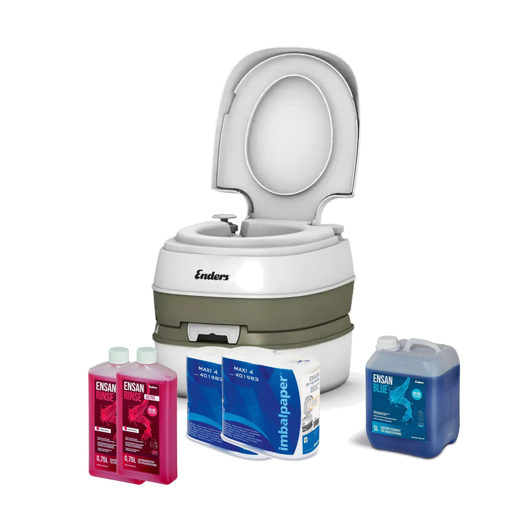 ENDERS © WC Chimique Portable - Kit de démarrage Deluxe Blue 5,0 |Produit additif et Papier toilette | Toilette Chimique de Camping | Camping car accessoires | Pot de chambre adulte et enfant