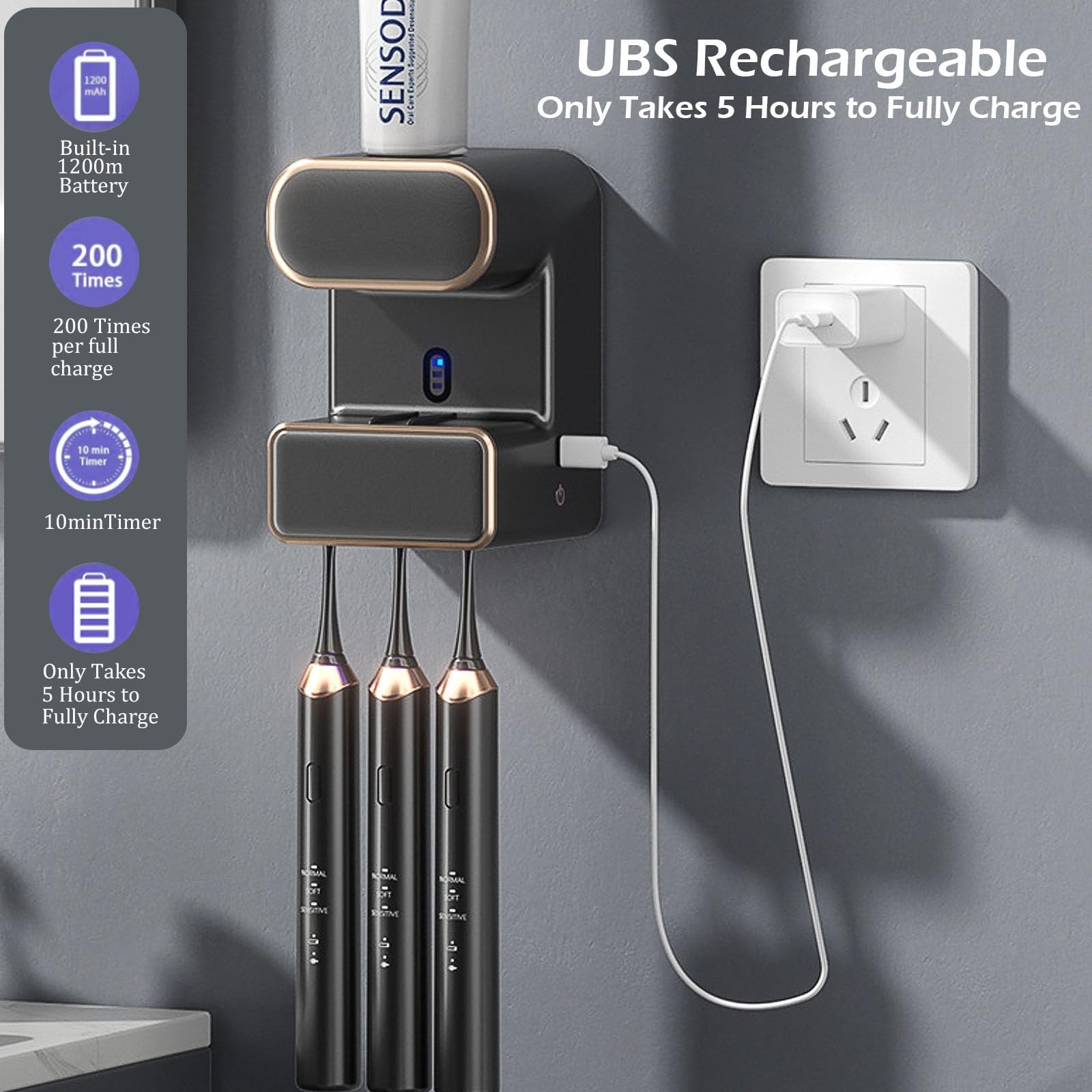 Dispensador automático de pasta de dientes, dispensador de pasta de dientes eléctrico multifunción, dispensador de pasta de dientes montado en la pared con 3 ranuras para cepillo, organizador de