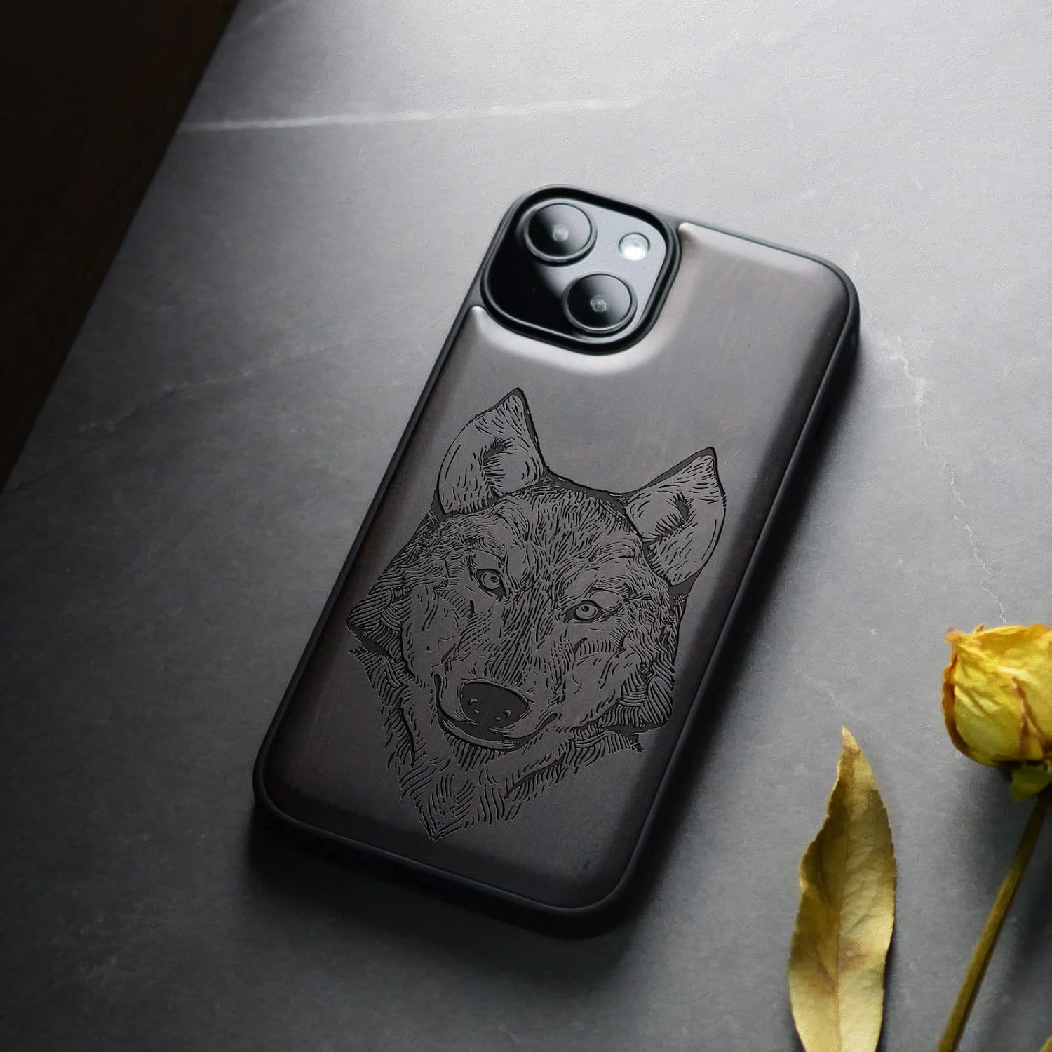 Carveit Magnetic Wood Case for iPhone 14 Case [Natural Wood & Black Soft TPU] Shockproof Protective Cover Unique Wooden Case Compatible with magsafe (Wolf Head -Blackwood)