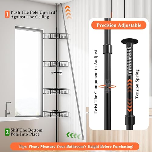 Miniatura 5 de Organizador de ducha esquinero de 4 niveles a prueba de óxido con poste de tensión, organizador de ducha de altura ajustable de 42 a 115 pulgadas,