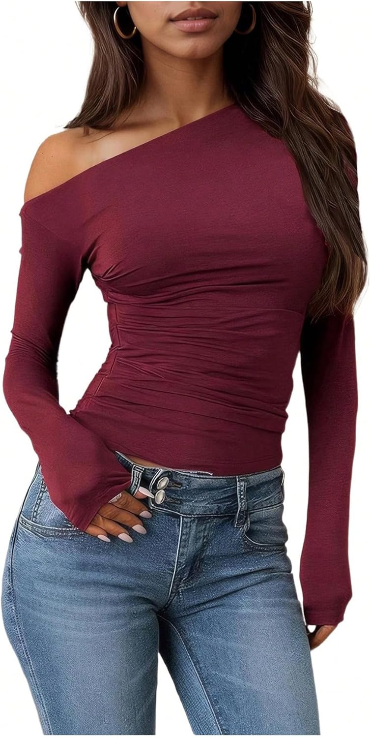 SOLY HUX Women's Off The Shoulder T Shirt Long Sleeve Asymmetrical Neck Ruched Fitted Tee Going Out Tops - Image 4