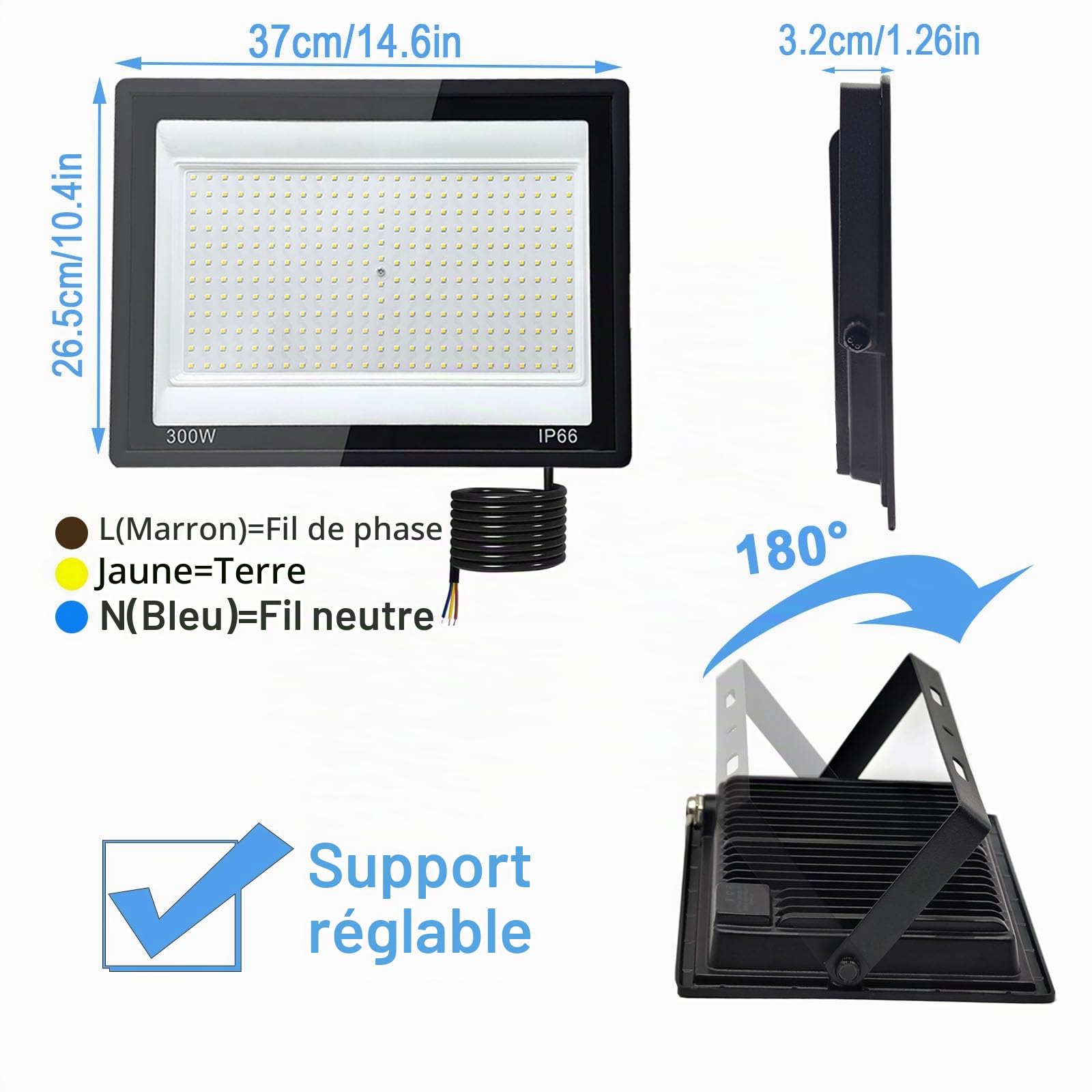 2 Pièces Projecteur LED Extérieur 300W, 1M Câble Blanc Froid 6500K Projecteur LED, Spot led Extérieur IP66 Étanche, pour Jardins, Terrasses, Cours, Balcons, Parcs, Garages, Usines, Carré
