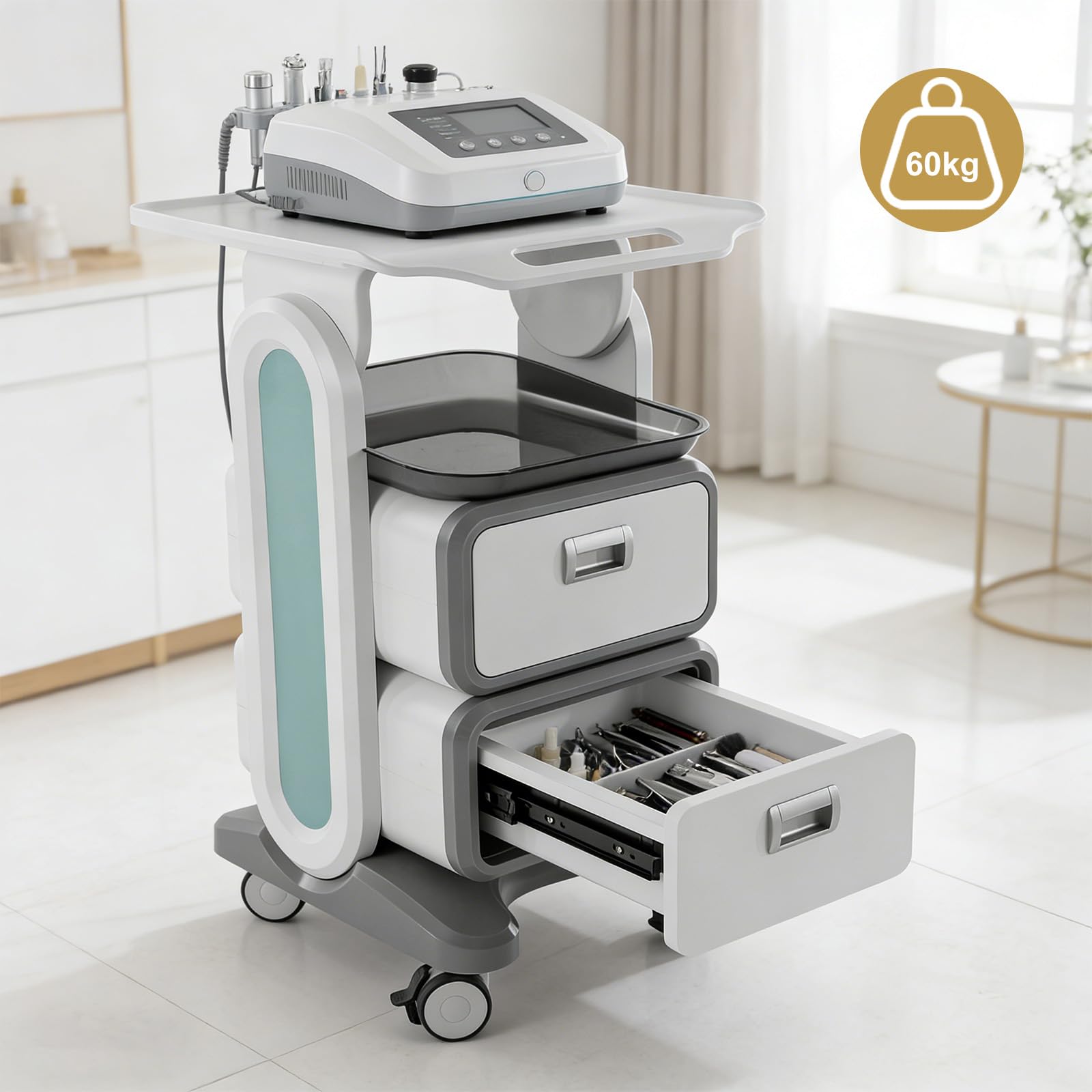 Carrello da Laboratorio 3 Ripiani Medico Mobile ABS 4 Ruote Silenziose Cassetti Vassoio