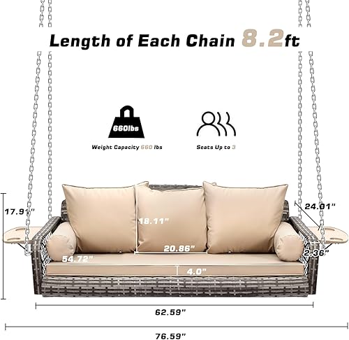 Miniatura 7 de Grepatio Columpio de mimbre para 3 personas, columpio de mimbre para patio, columpio de ratán al aire libre con cojín y almohada para jardín, patio,