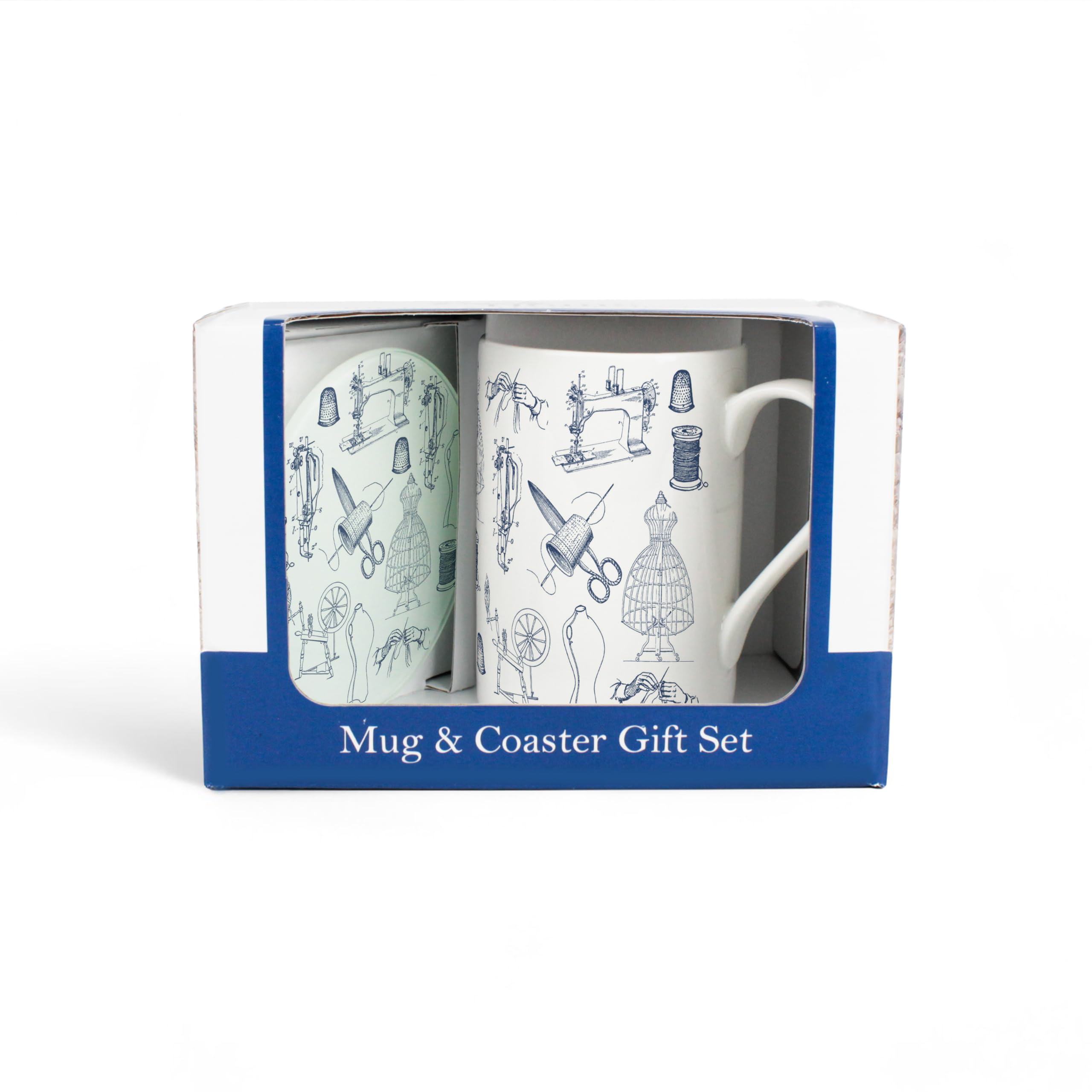 Purely Home Sewing Mug & Coaster Gift Set - Vintage Hobbies Textiles Bone China Mug and Glass Coaster Set - Tea/Coffee Present