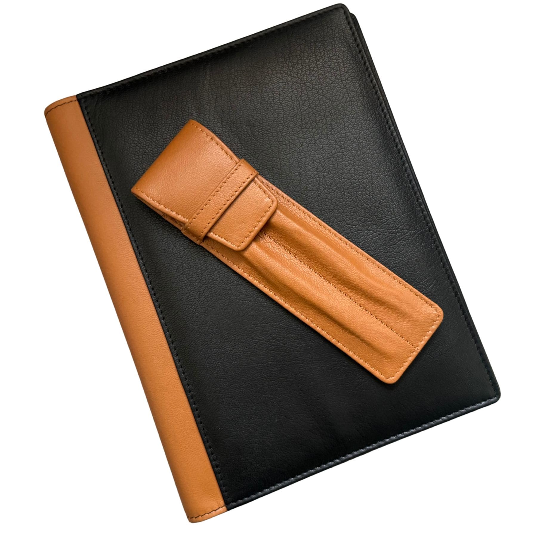 Love EMVY Genuine Leather A5 Notebook Cover & Double Pen Case Gift Set Refillable Journal with Free Lined Insert Premium Leather Writing Set for Work, Study & Travel (Black/Tan)