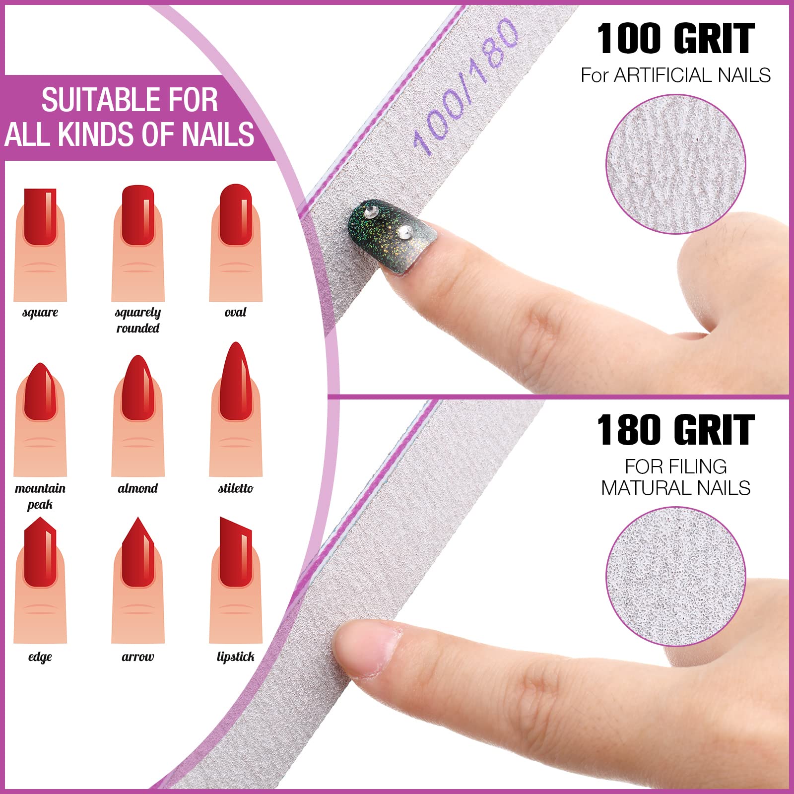 150 limas de uñas de grano 100/180 de doble cara de esmeril lavables, tablas de esmeril reutilizables, herramientas de manicura para uñas naturales, uñas acrílicas, uso en el hogar y el salón