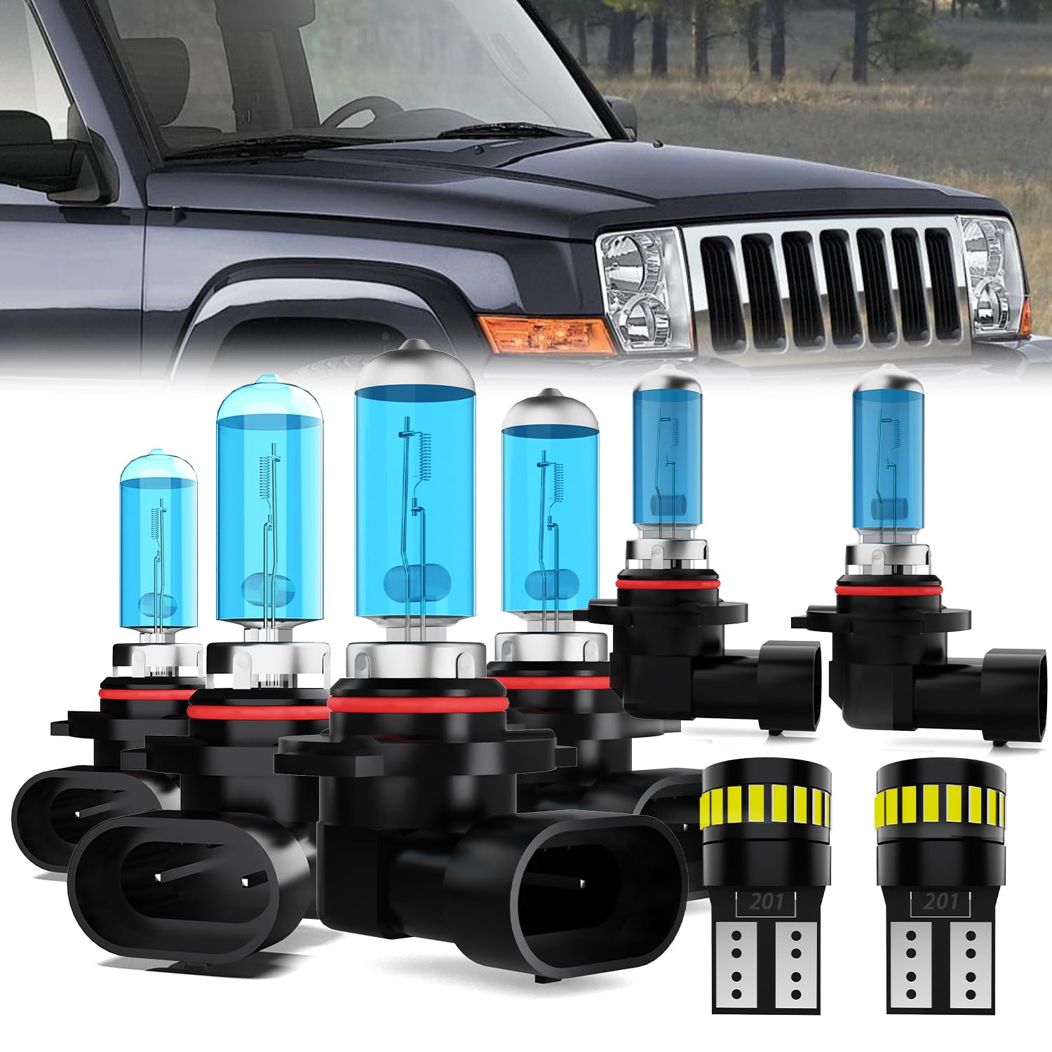 LECCIBUB Headlight Bulbs License Plate Lights Fit For Jeep Commander 2006-2010, 9005 High Beam + 9006 Low Beam + 9145 Fog Lights Halogen Light Bulb +