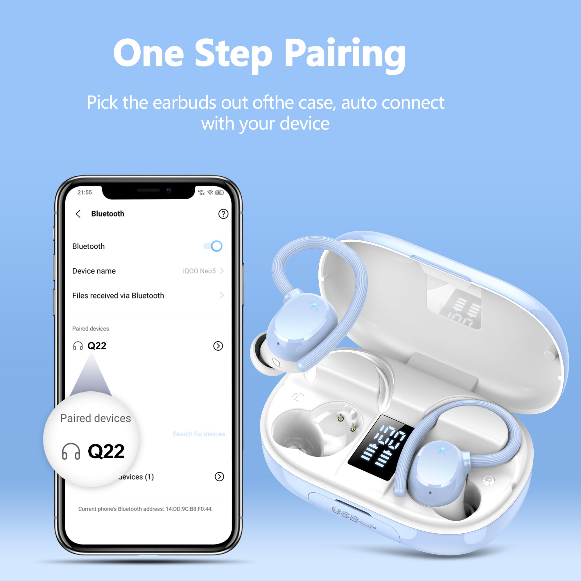 Auriculares Inalámbricos Deportivos, Nueva Auriculares Bluetooth 5.3 con Mic, 128H Cascos Inalambricos Bluetooth HiFi Estéreo, Cancelacion Ruido ENC Auriculares Running, Pantalla LED/IP7 Impermeable
