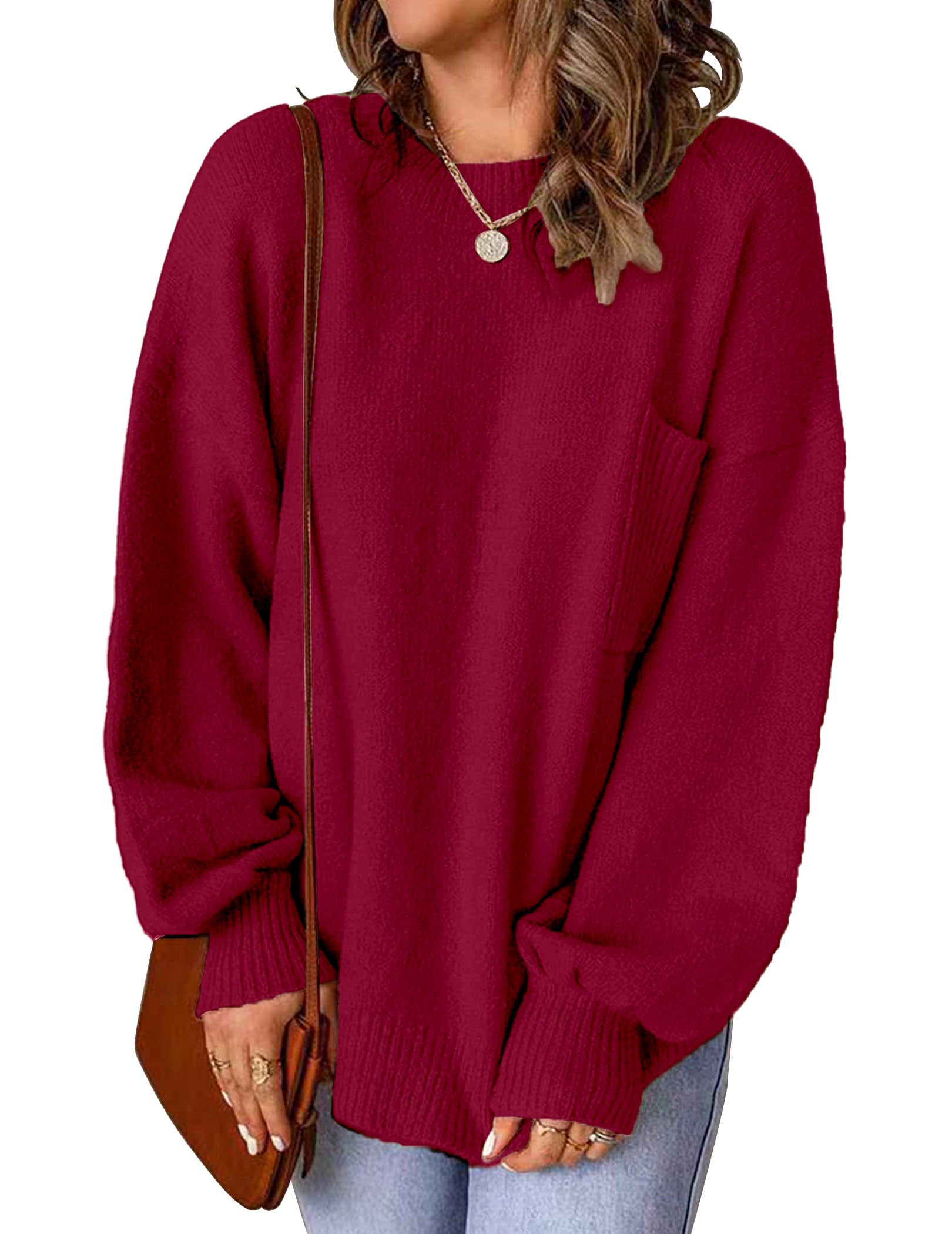SunnyMelody Womens Oversized Pocket Sweater Fall 2025 Trendy Ribbed Knit Crew Neck Long Sleeve Side Slit Pullover Tops