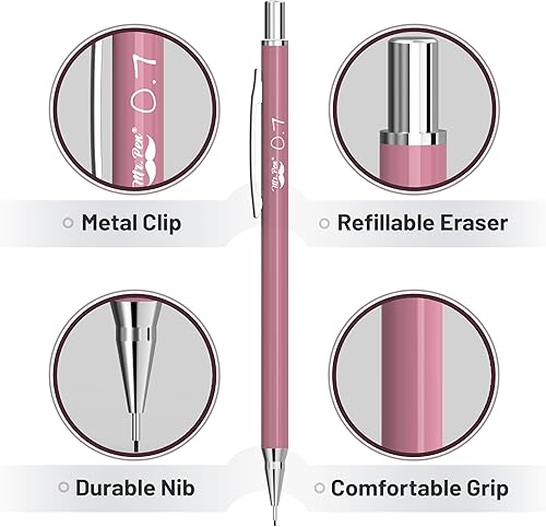 Miniatura 7 de Mr. Pen - Juego de lápices mecánicos con recambios de plomo y borradores, paquete de 6, tema bohemio, 0.020 in y 0.028 in, bonitos lápices LED