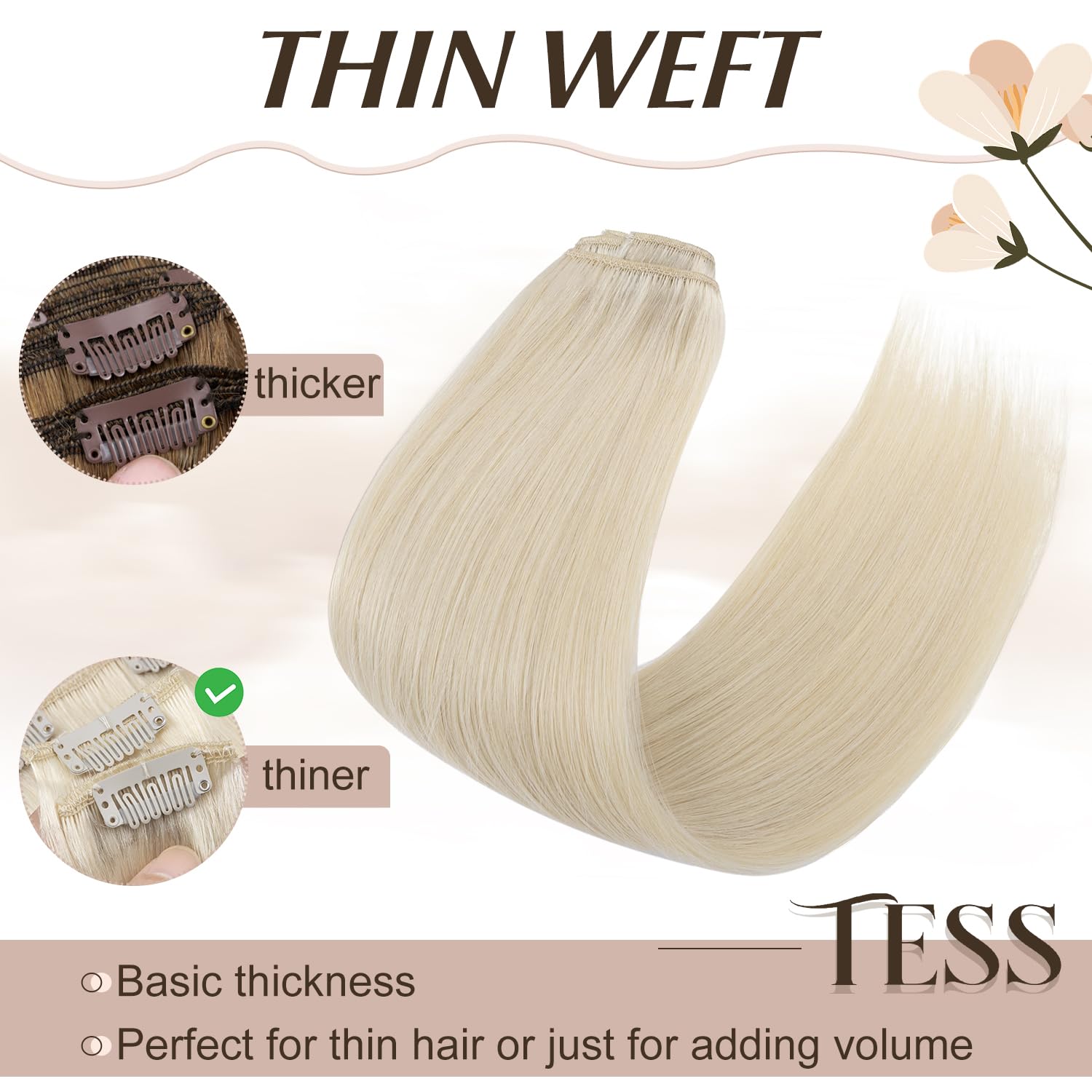 TESS Clip in Hair Extensions Real Human Hair Blonde Remy Seamless 8 Pieces Straight Long for Women/Girls (#60 Platinum Blonde - Image 4