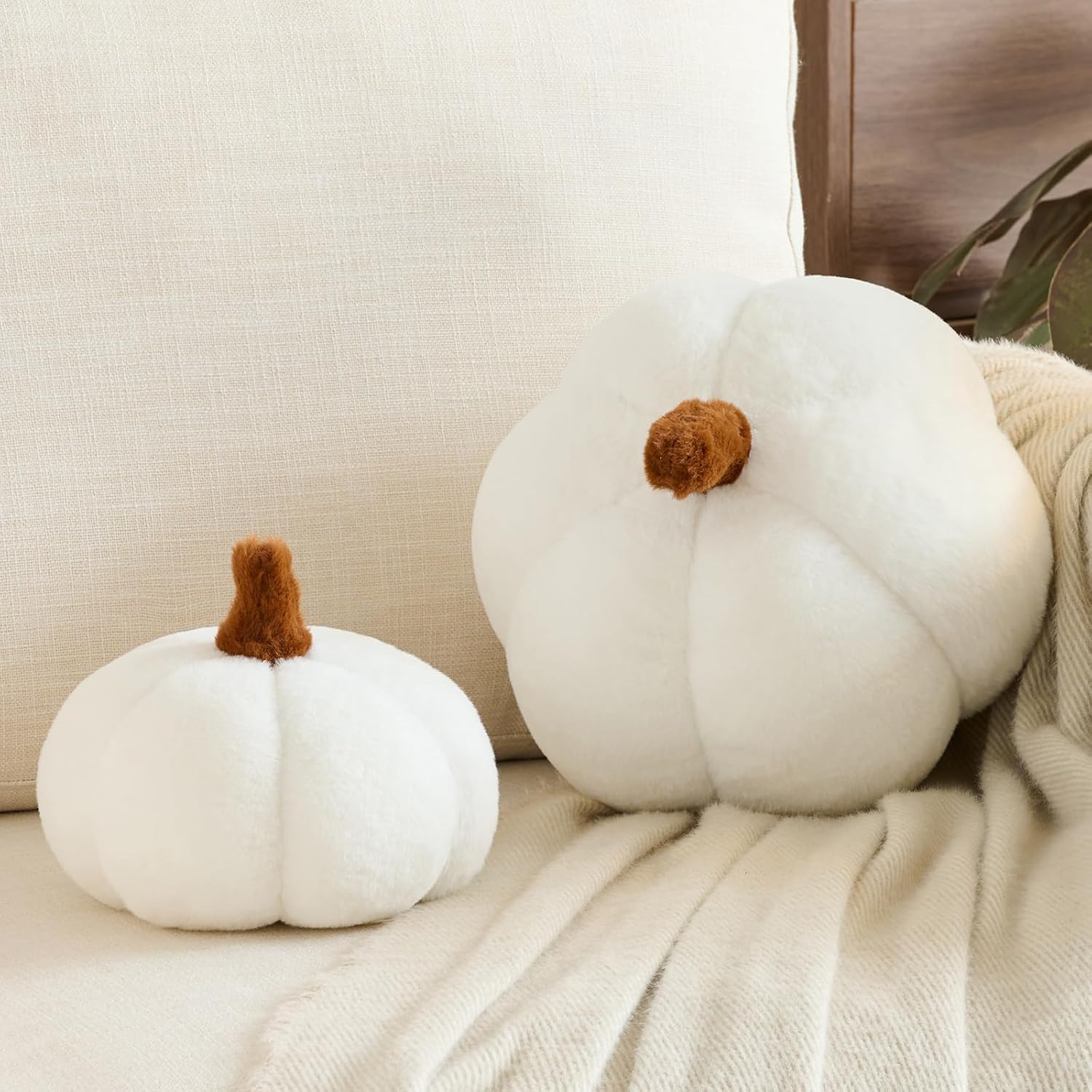 Pumpkin Pillows, Halloween Fall Throw Pillow, Pumpkin Shaped Pillow for Couch, Cute Stuffed Pumpkins, Autumn Decorative Cushion (White, 8.6 Inches)