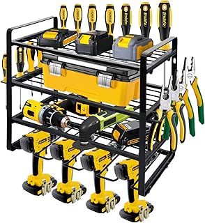 Lindafo Power Tool Organizer,Garage Tool Organizer Wall Mount,Power Tool Storage Rack 4 Layers,Heavy Duty Metal Cordless Drill Storage,Drill Charging Station,Utility Rack for Screwdriver and Pliers