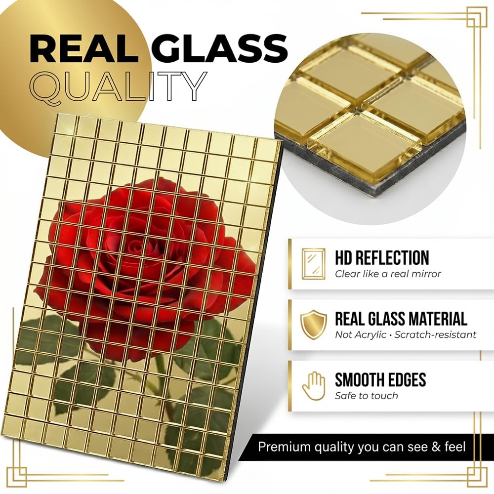 Selbstklebende Mosaikfliesen 3000 Stück Mini Spiegel Mosaik Selbstklebend Quadratische Glasspiegel Aufkleber für Bad Wohnzimmer Küche DIY Heimdekorationen (10 x 10 mm, Gold)