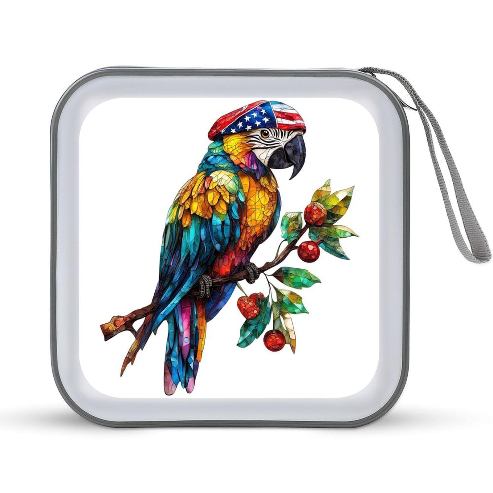 Colorful Parrot with American Flag Cap CD Case DVD Storage Case Portable