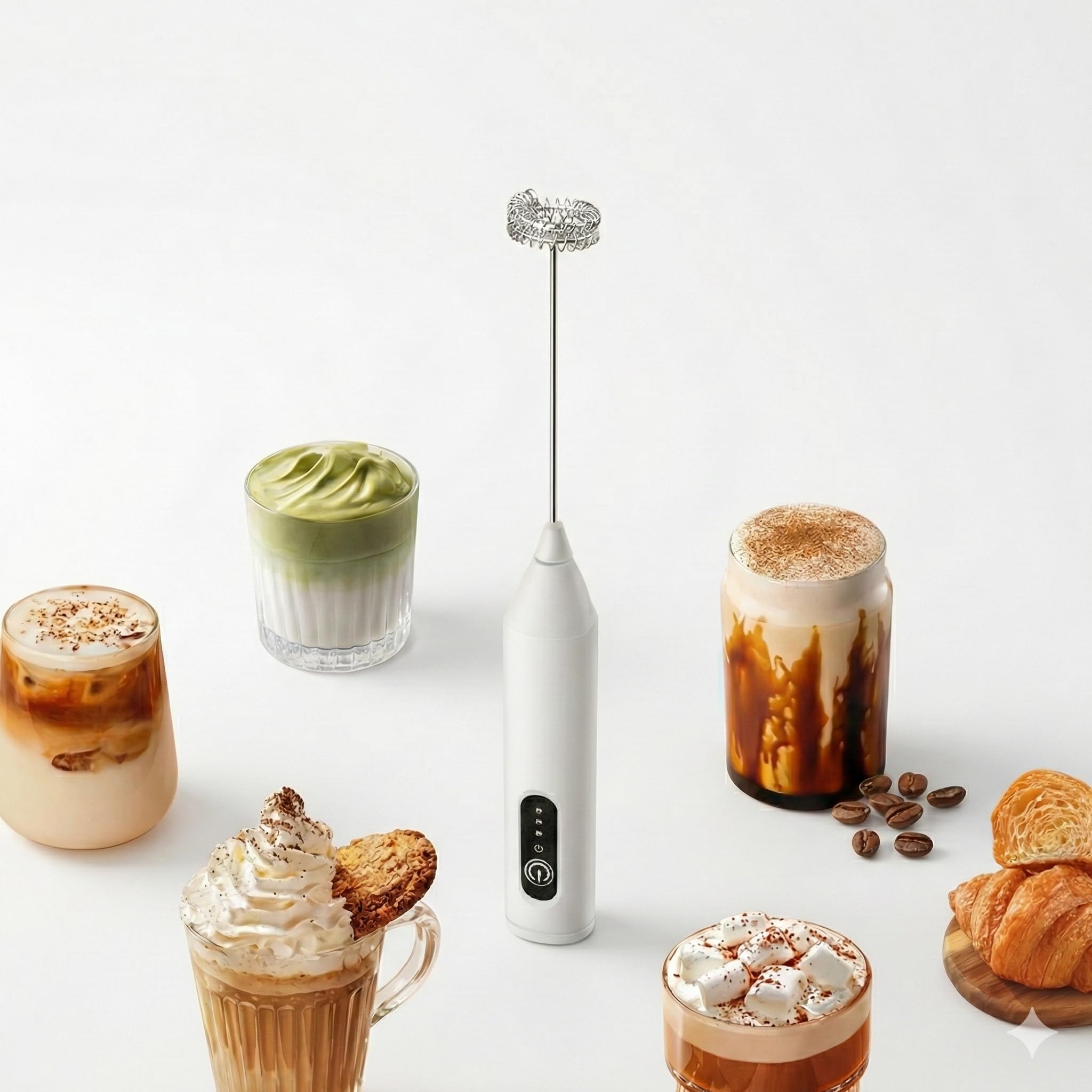 VeeDee Rechargeable Electric Milk Frother Handheld Wand with 3 Speeds & Dual Whisk - Portable Foam Maker for Coffee, Latte, Cappuccino, Matcha, Lassi & Egg Beating (USB Charging) White (White)