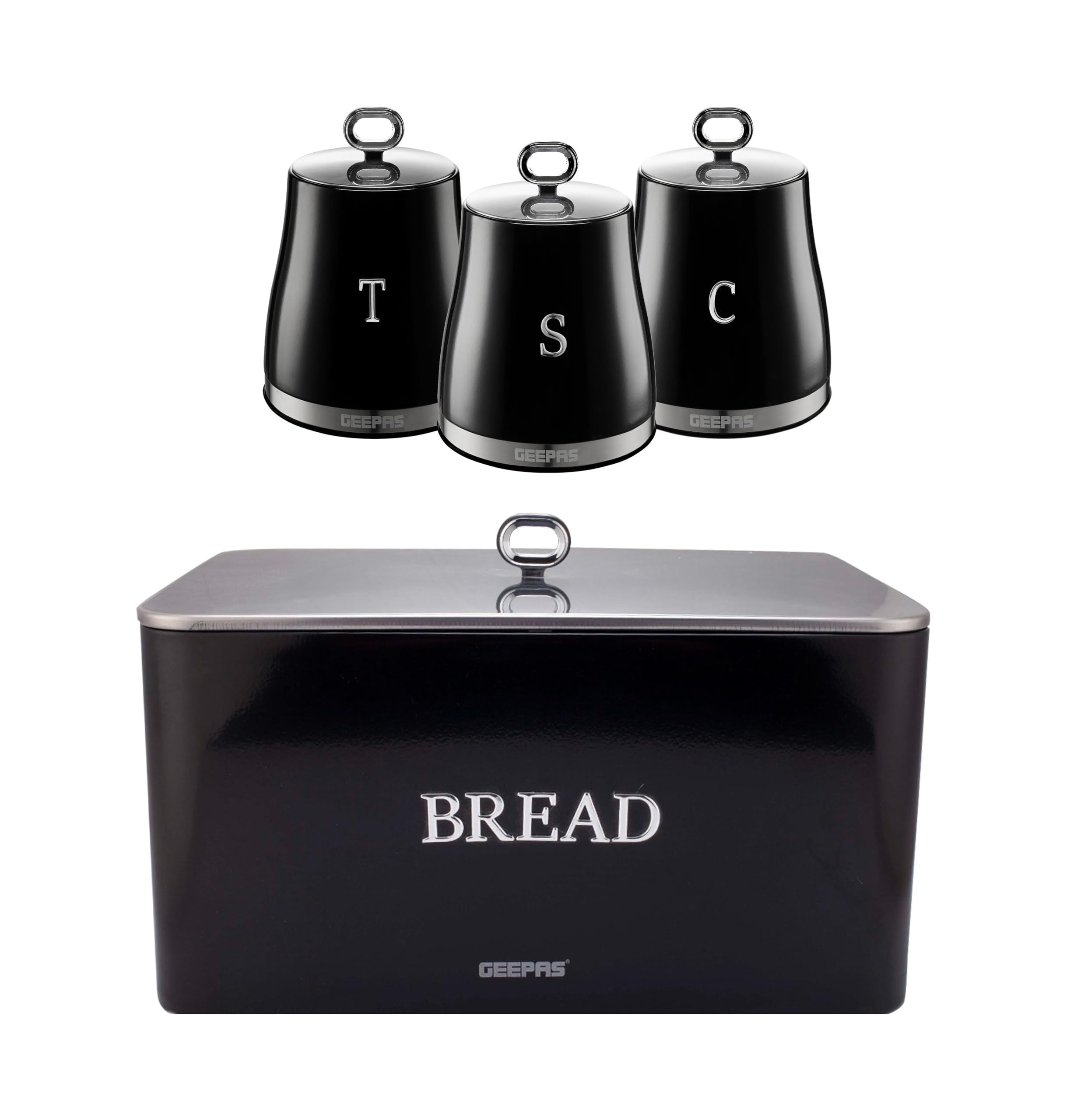 Geepas Retrovive 4 Pc Tea Coffee Sugar 1.4L Canisters & 13L Bread Bin Set in Black