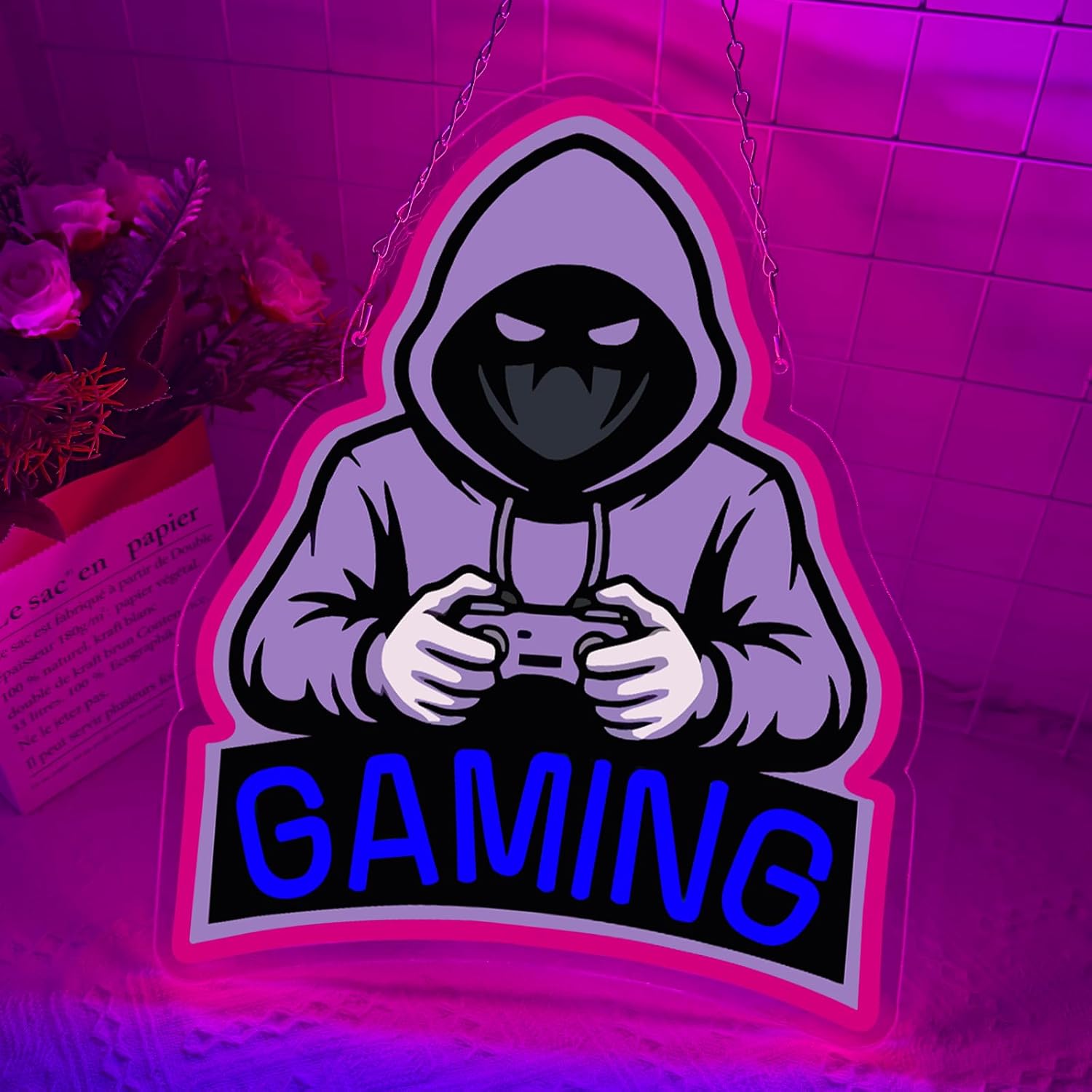 Gaming Neon Sign, Purple Hooded Gamer LED Neon Sign with Controller, Gaming Wall Decor for Game Room, Bedroom, Man Cave, Perfect Gamer Gift for Men, Teens & Boys
