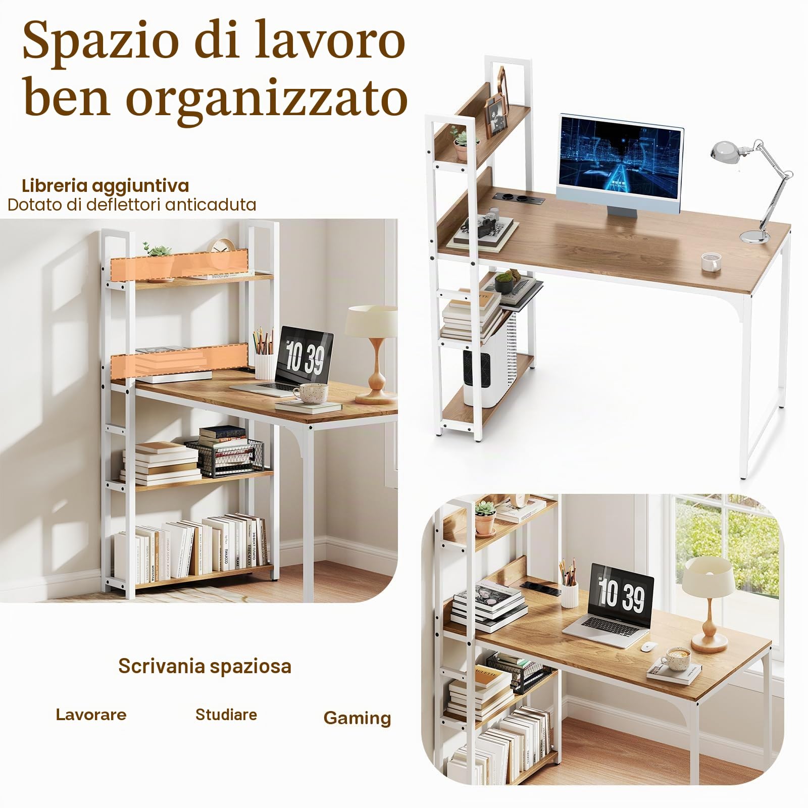 LIFEZEAL Scrivania con deposito e stazione di ricarica, 2 prese, porte USB A&C, tavolo computer in legno con 3 ripiani, telaio in metallo, postazione di lavoro 120 x 65 x 130 cm, per studio, giochi