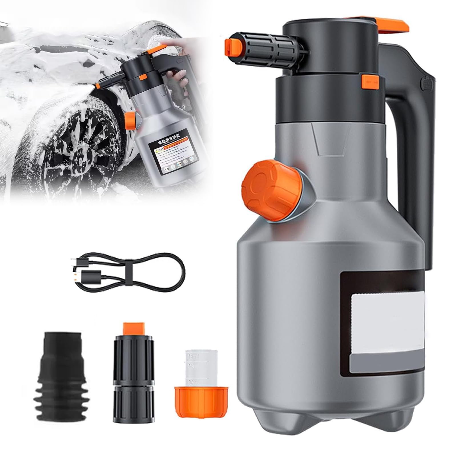 Electric Foam Sprayer, Elektrisch Schaumsprüher, 2L Schaumpistole Autowäsche mit 2 Düsen, Druckschaumsprüher, Hochdruck-Schaumsprüher, Premium Drucksprüher für Autopflege, Tierreinigung (Grau)