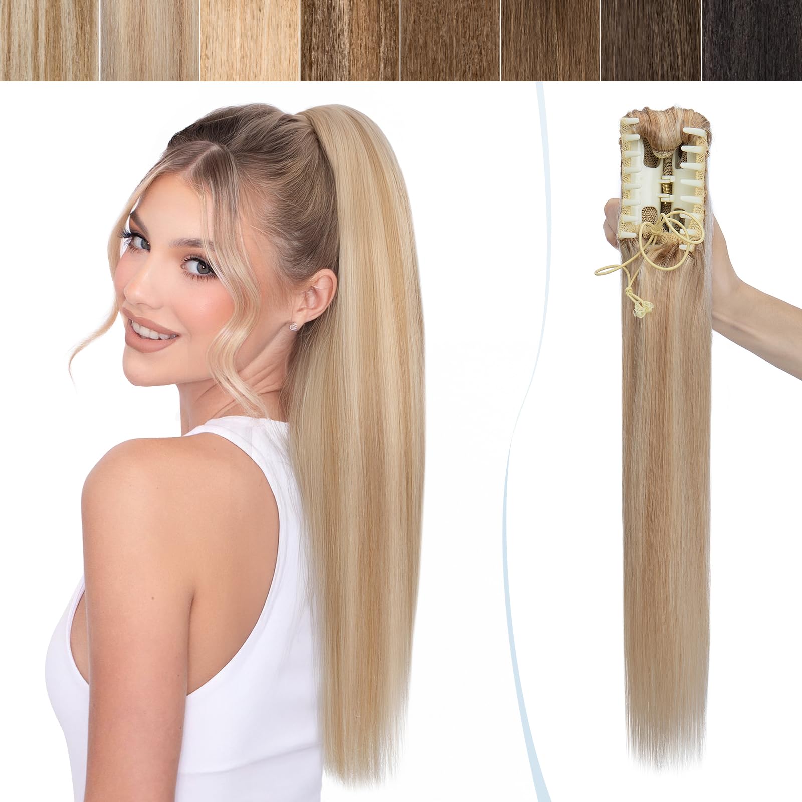 SEGO Ponytail Extension Echthaar Pferdeschwanz Zopf Clip in Haarteil Haarverlängerung 100% Remy Haar mit Klammer Honigblond/Hellblond #18p613 14"(35cm)-105g