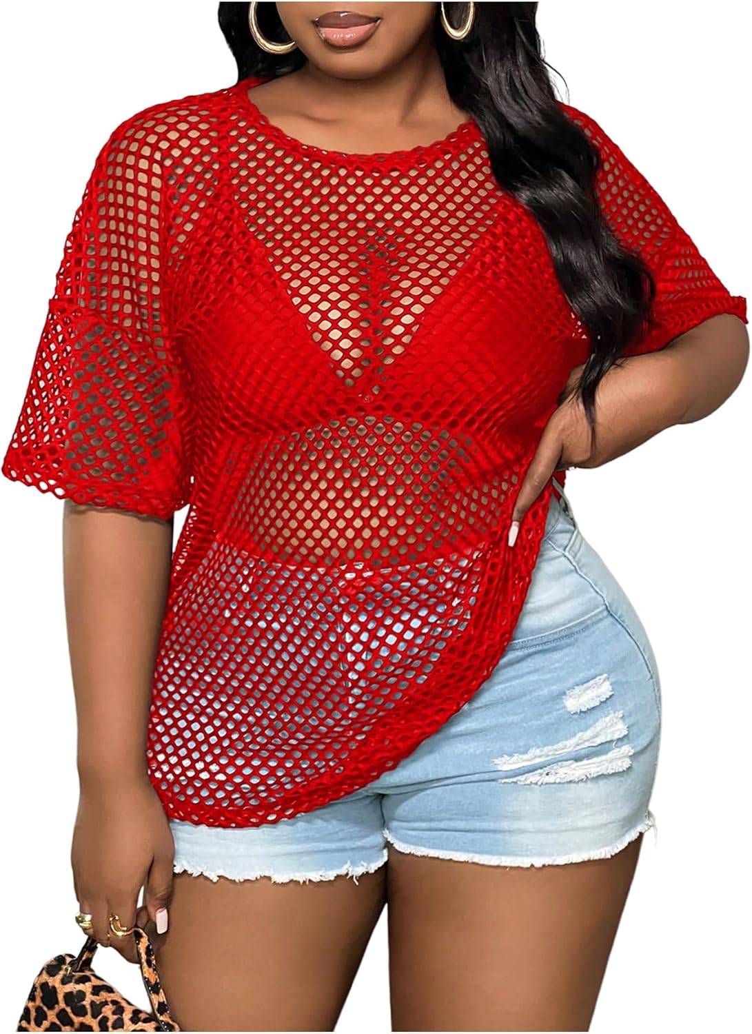 GORGLITTER Women's Plus Size Fishnet Shirt Tops Crochet See Through Short Sleeve Crew Neck Loose Y2K Fish Net Tees Top