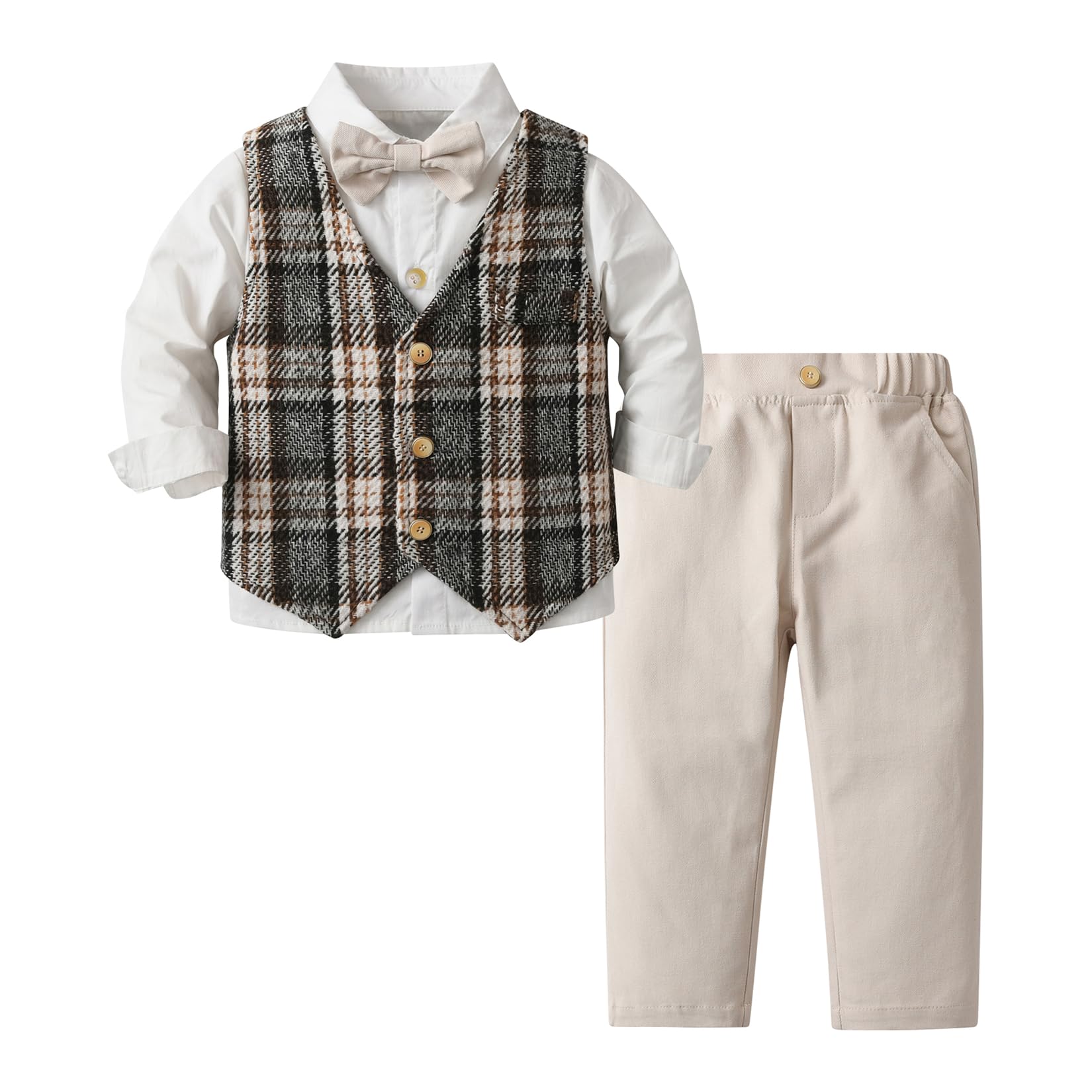 Boys Suit 4 Piece Plaid Double Breasted Vest Dress Shirt Pants Set with Bowtie 12M-8Y