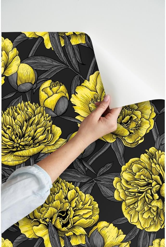 Peel & Stick Wallpaper 3ft x 2ft - Night Peony Yellow Gray Flower Leaves Floral Nature Plant Ink Custom Removable Wallpaper by Spoonflower
