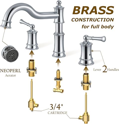 Miniatura 27 de Grifo romano para bañera de montaje en cubierta para baño, boquilla clásica elegante y generalizada con 3 agujeros, cartucho de válvula de 2 manijas