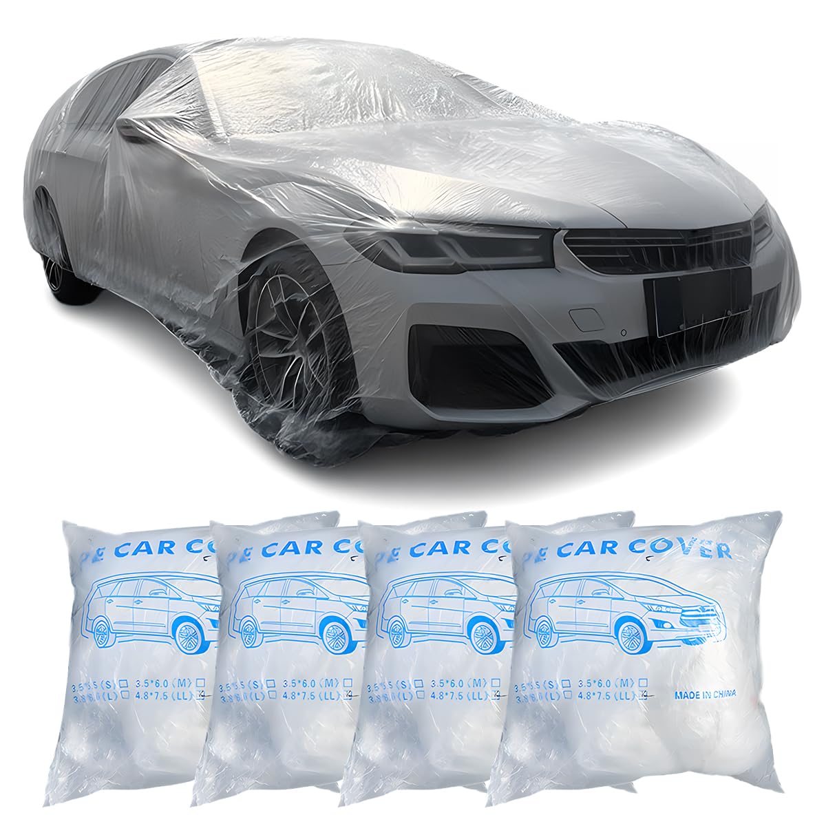 GAOLAOSY 4PCS Disposable Car Cover 12 5 x 21 7Ft Waterproof Clear Plastic Full Car Cover with Elastic