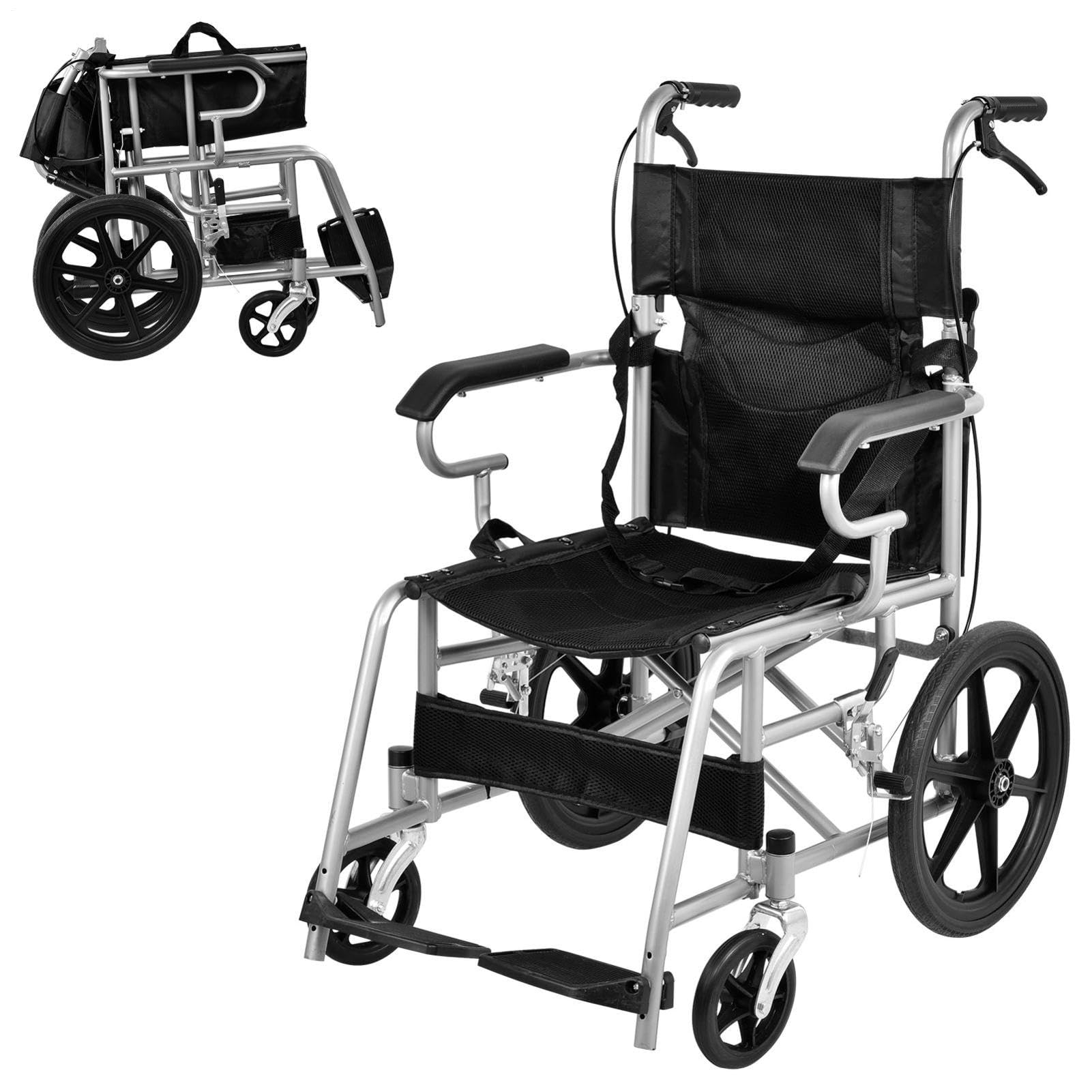Silla de ruedas plegable compacta para adultos | Capacidad de carga de hasta 100 kg | Silla de ruedas plegable de viaje ultraligera, portátil, asiento 45,5 cm, para personas mayores y personas con