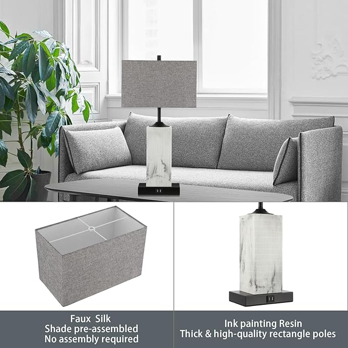 VUAA Table Lamps for Living Room Set of 2, Modern Bedside Lamps with Dual USB Ports for Bedroom Nightstand, Large End Table Lamps with Grey Fabric Shades Minimalist Decor Marble Finish photo 5