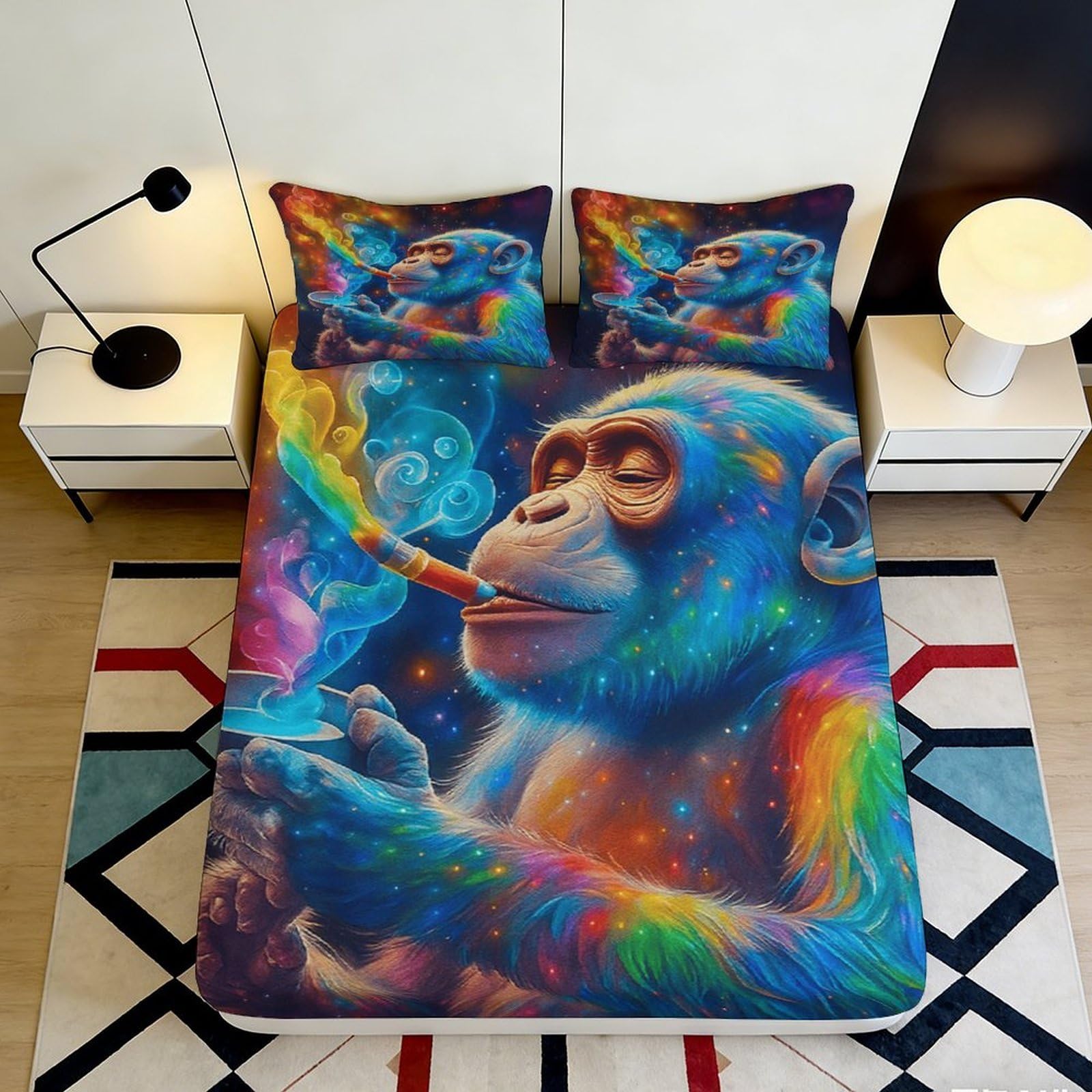 3D Printed Colorful Smoking Monkey Fitted Sheet Microfiber Soft Vibrant Graffiti Mattress Cover Bedroom Decor 90x200x25cm