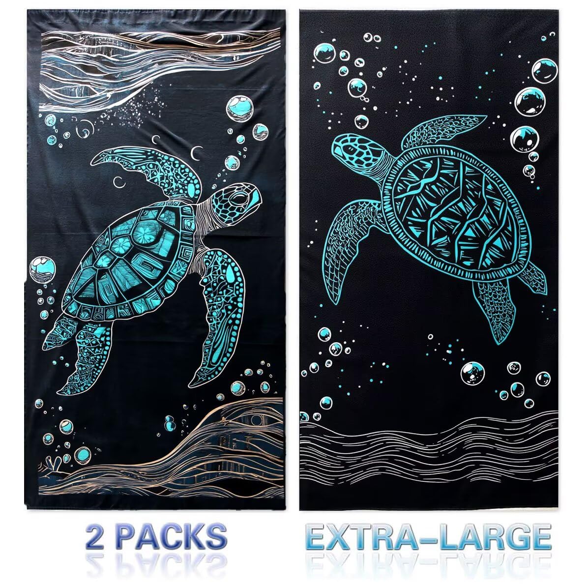 Ręcznik plażowy 90 x 200 cm, zestaw 2 dużych ręczników z mikrofibry szybkoschnący, chłonny, kompaktowy, ręcznik kąpielowy bez piasku lato koc plażowy damski na prezent (żółw morski) H-359