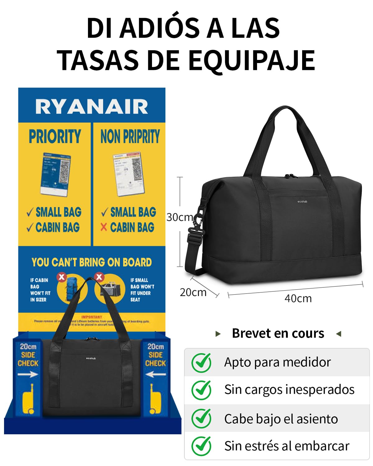 ECOHUB Bolsa de Viaje 40x30x20, para Ryanair Vueling Wizzair, Equipaje de Mano Impermeable, Bolsos Plegable con Húmedo Extraíble, Bolsas Deporte Gimnasio Mujer, Patente Pendiente 24L (Negro)